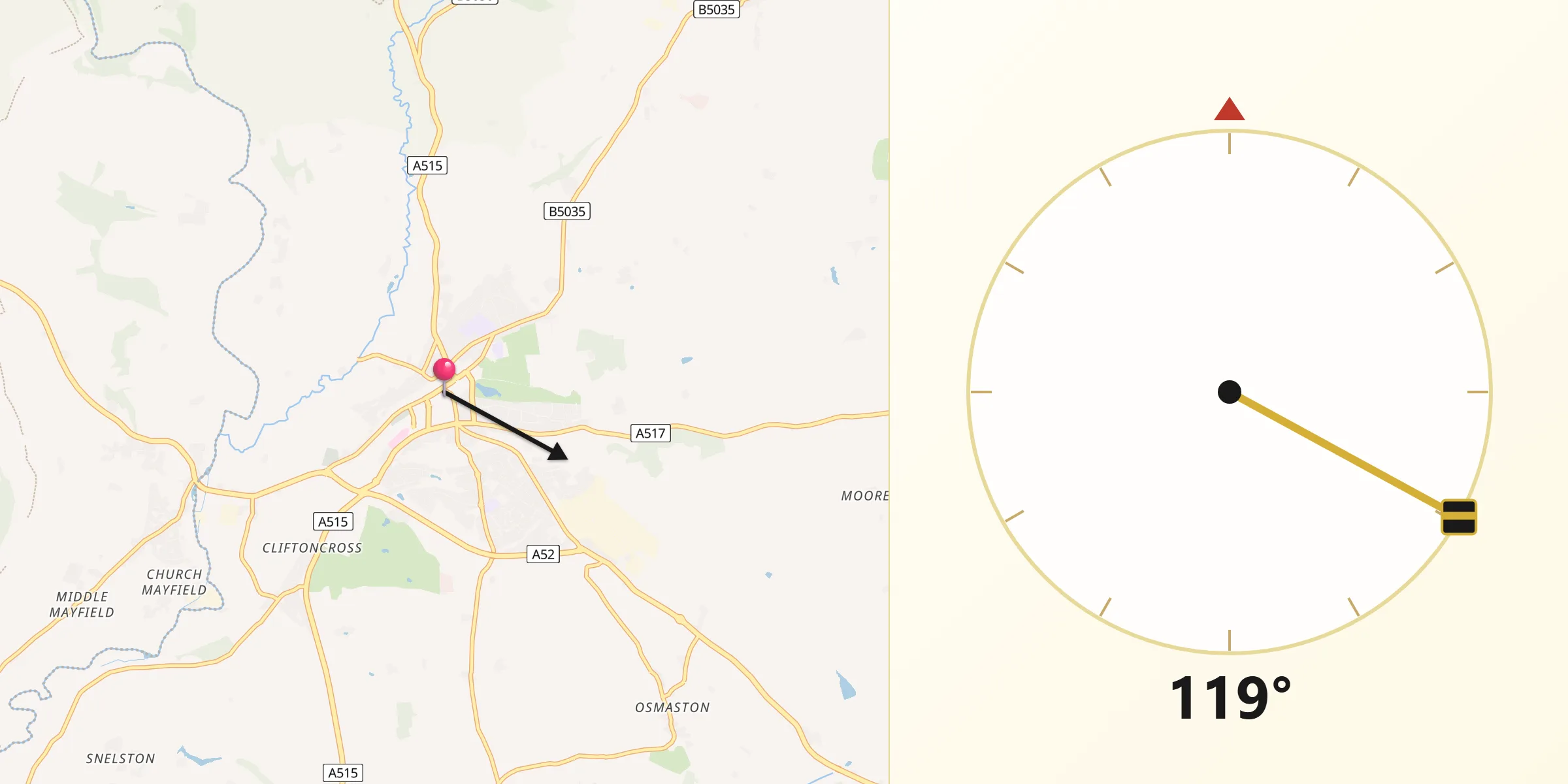 Qibla Direction from Ashbourne