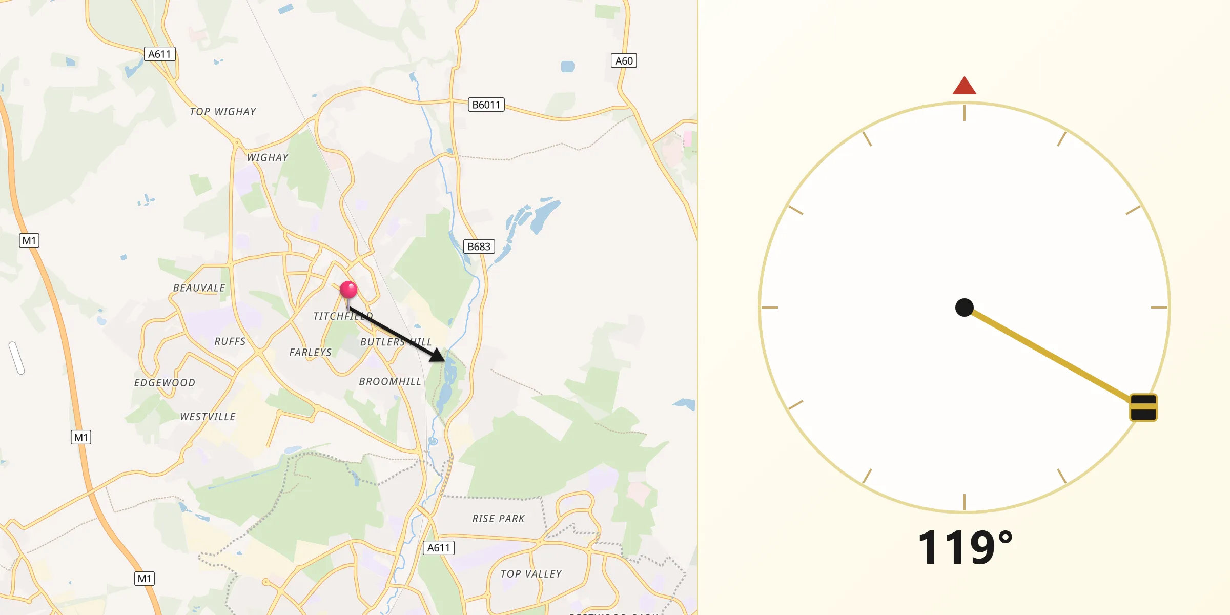Qibla Direction from Hucknall Torkard