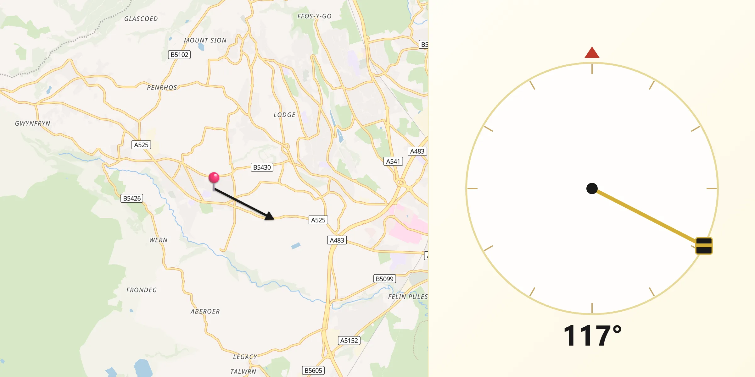 Qibla Direction from Coedpoeth