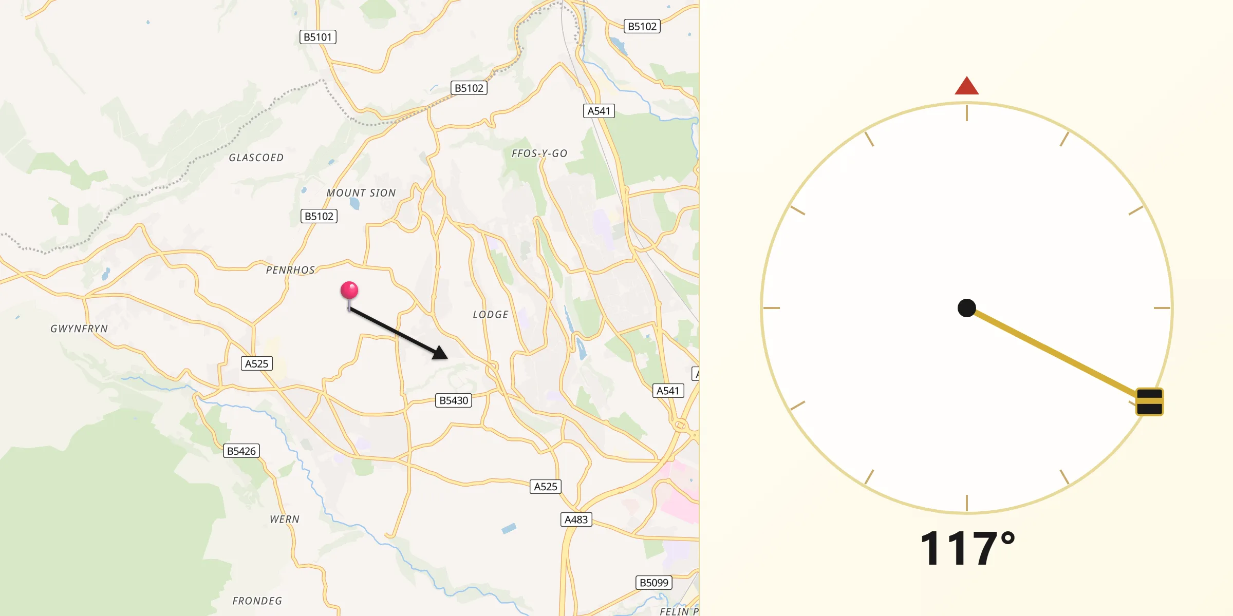 Qibla Direction from Brymbo