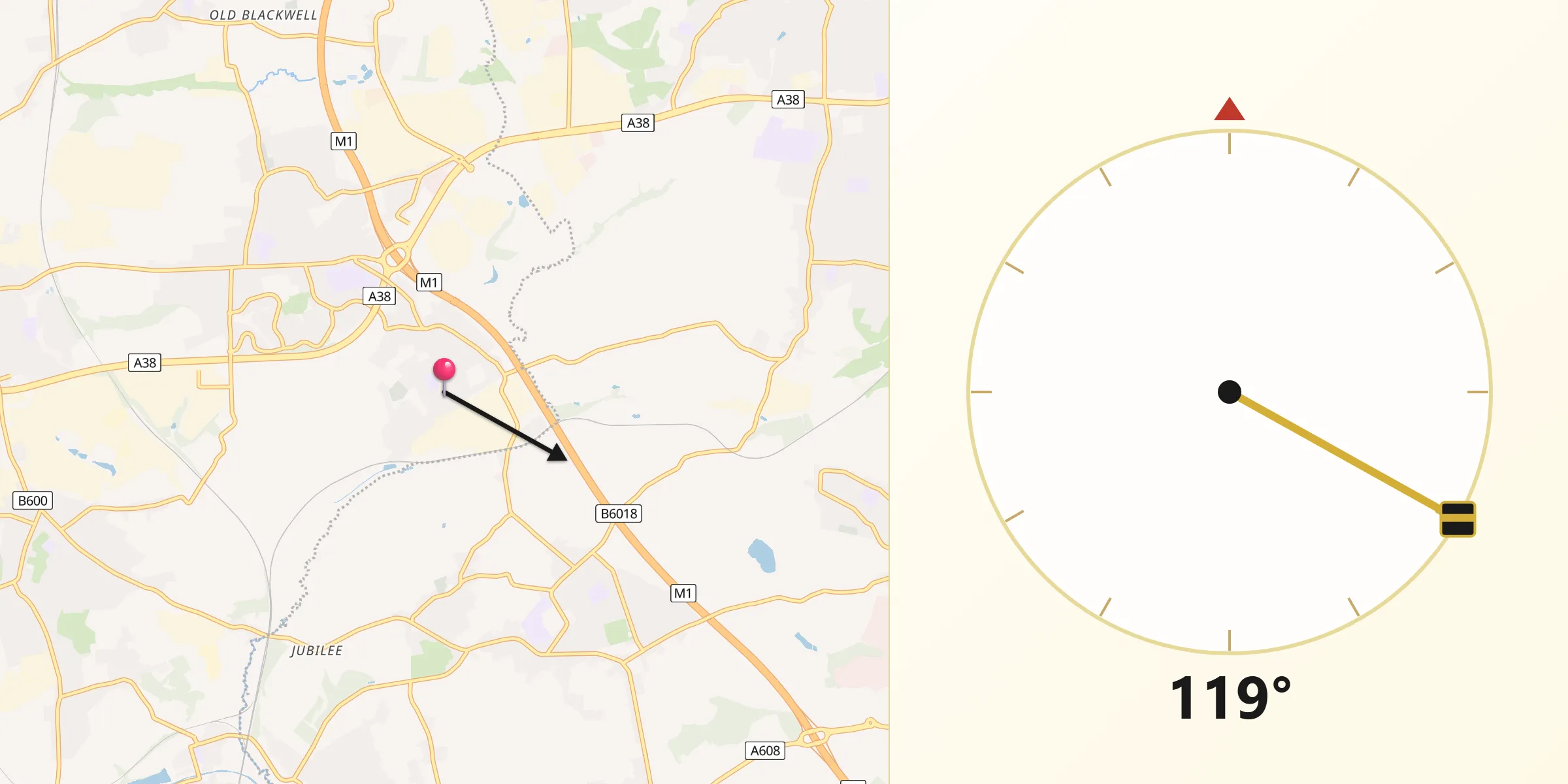 Qibla Direction from Pinxton