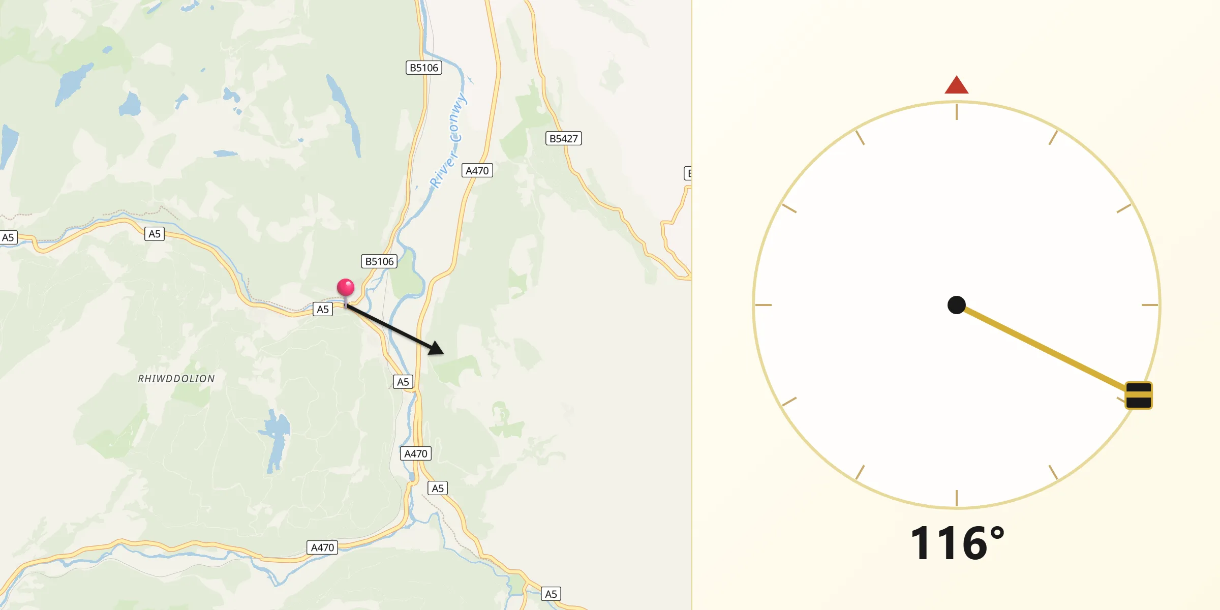 Qibla Direction from Betws-y-Coed