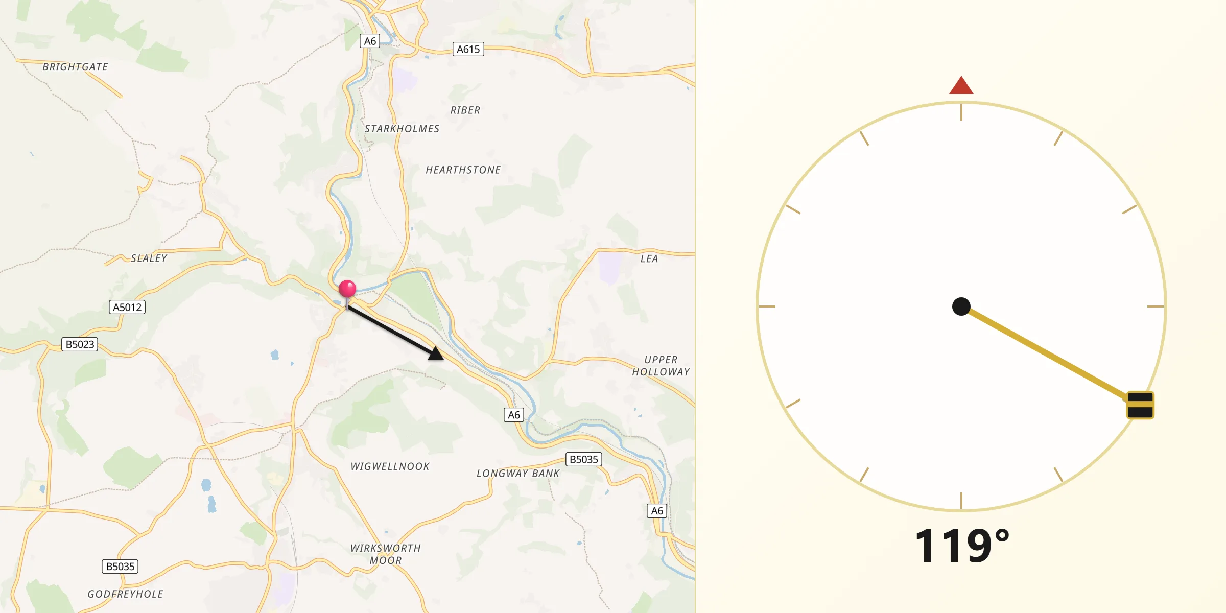 Qibla Direction from Cromford