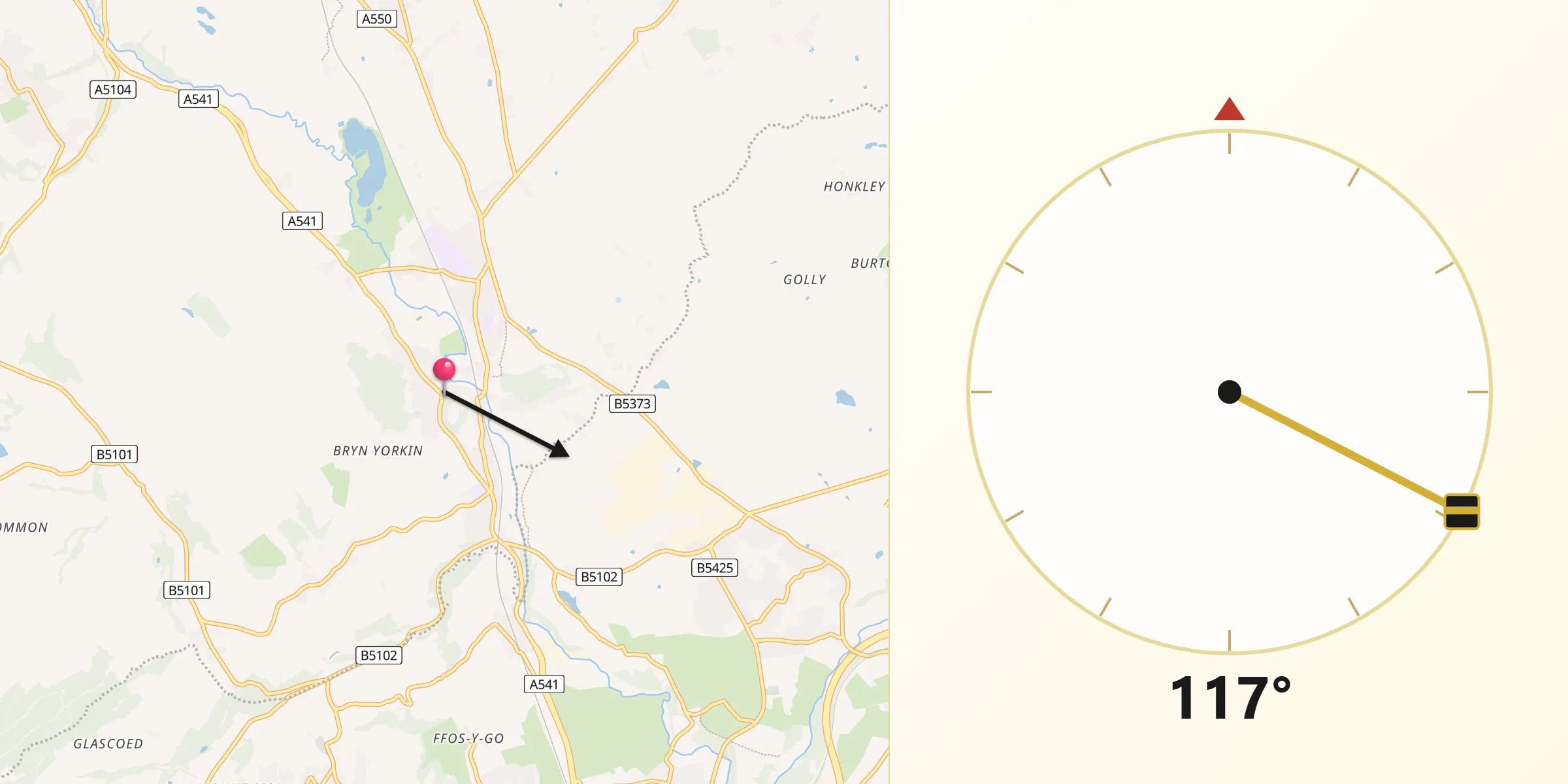 Qibla Direction from Caergwrle