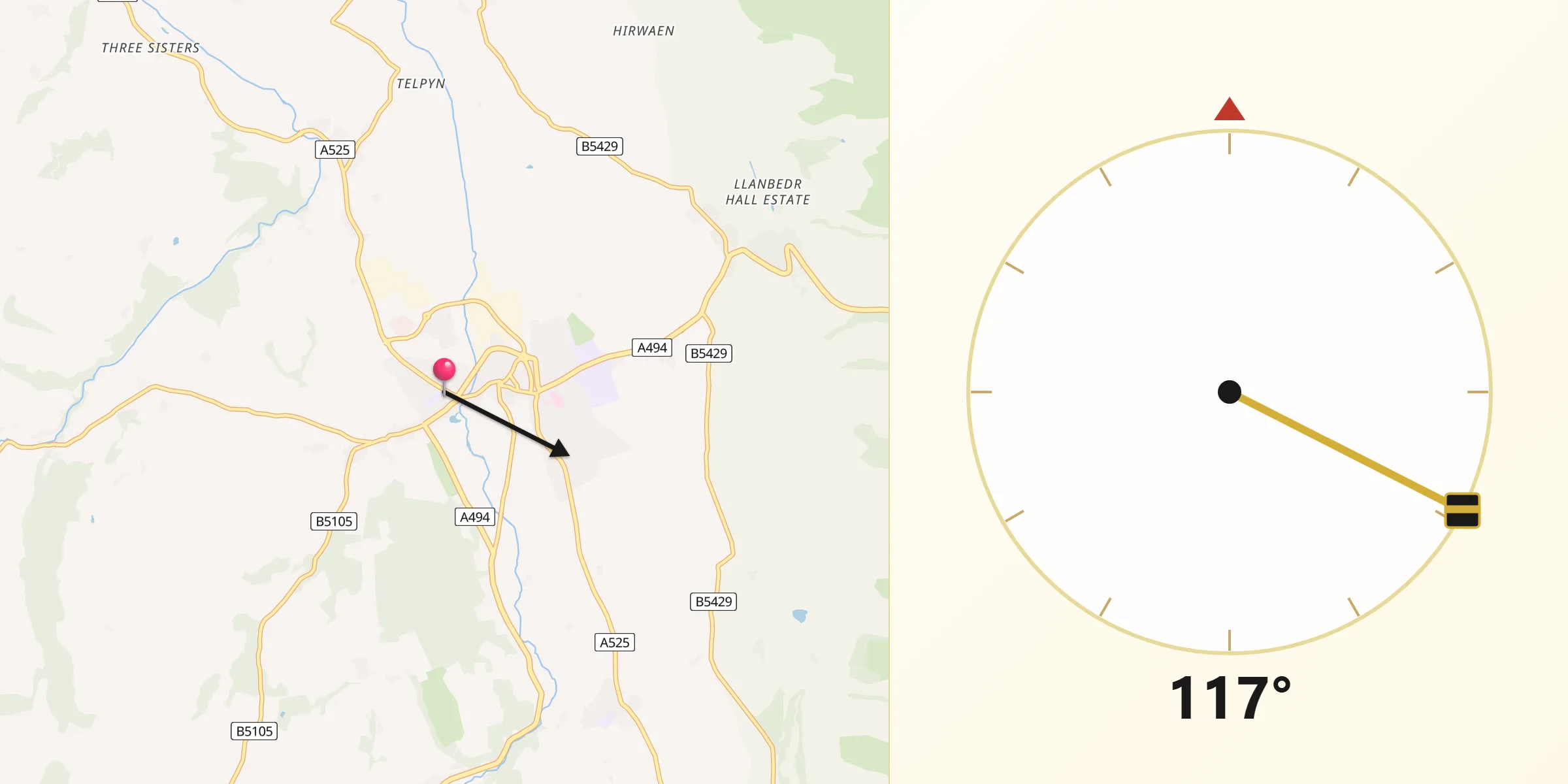 Qibla Direction from Ruthin