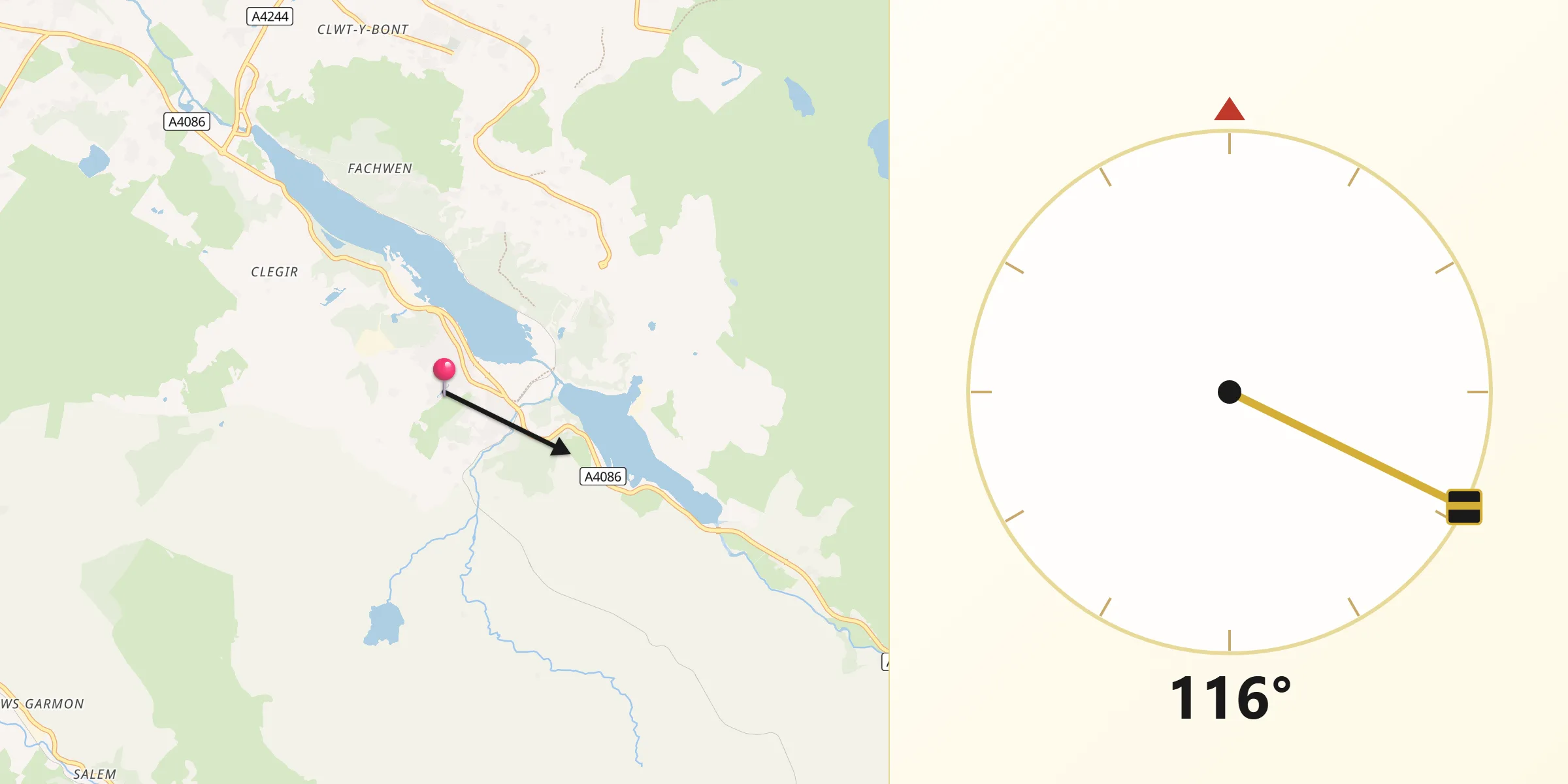 Qibla Direction from Llanberis