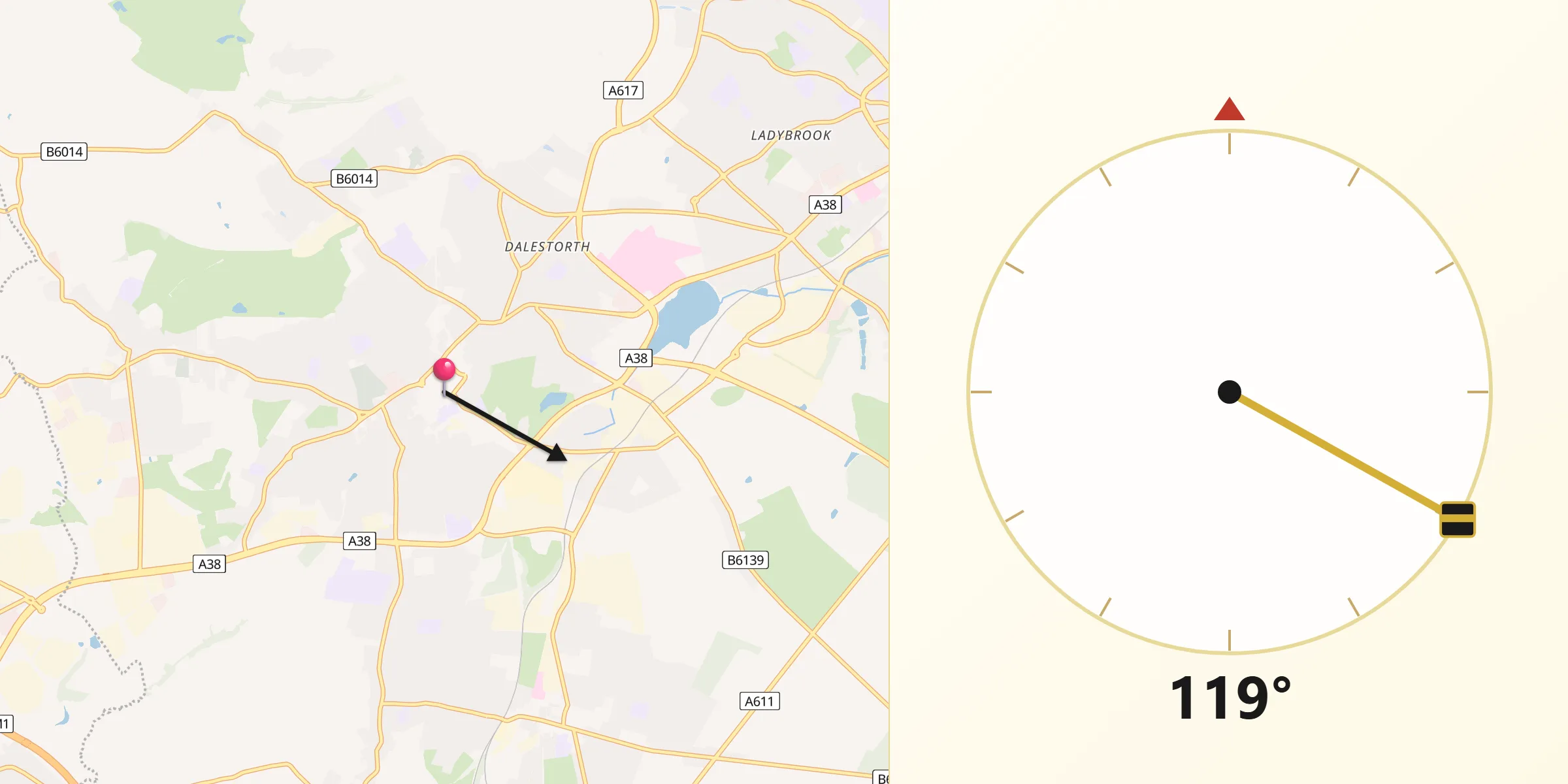 Qibla Direction from Sutton in Ashfield