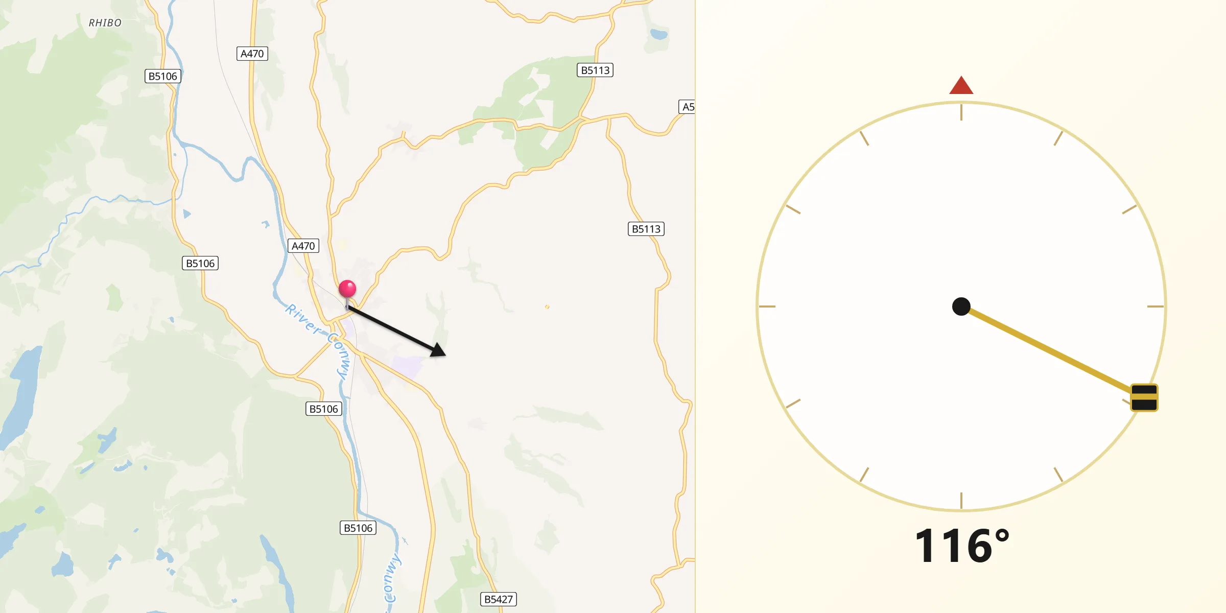 Qibla Direction from Llanrwst