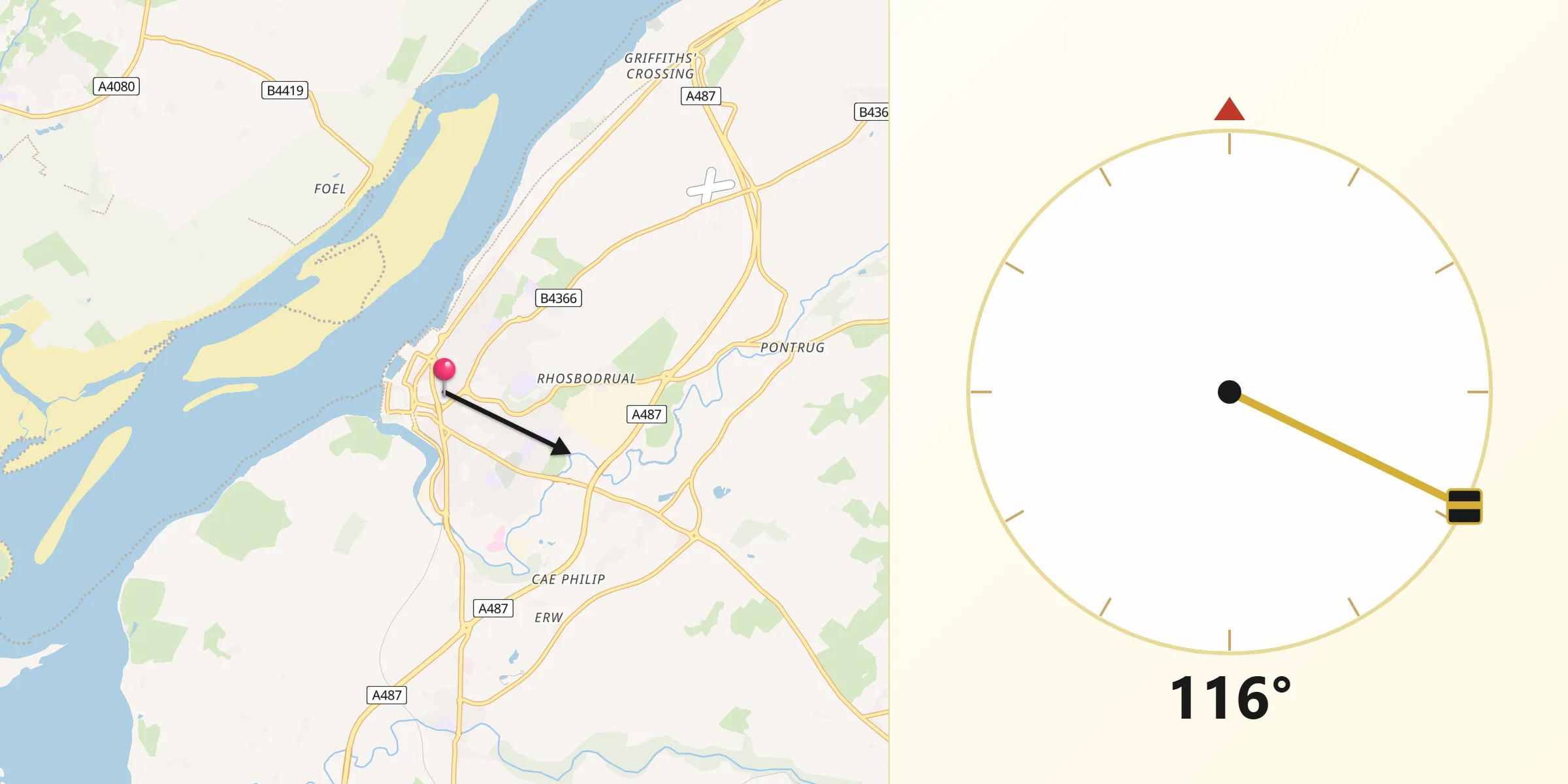 Qibla Direction from Caernarfon