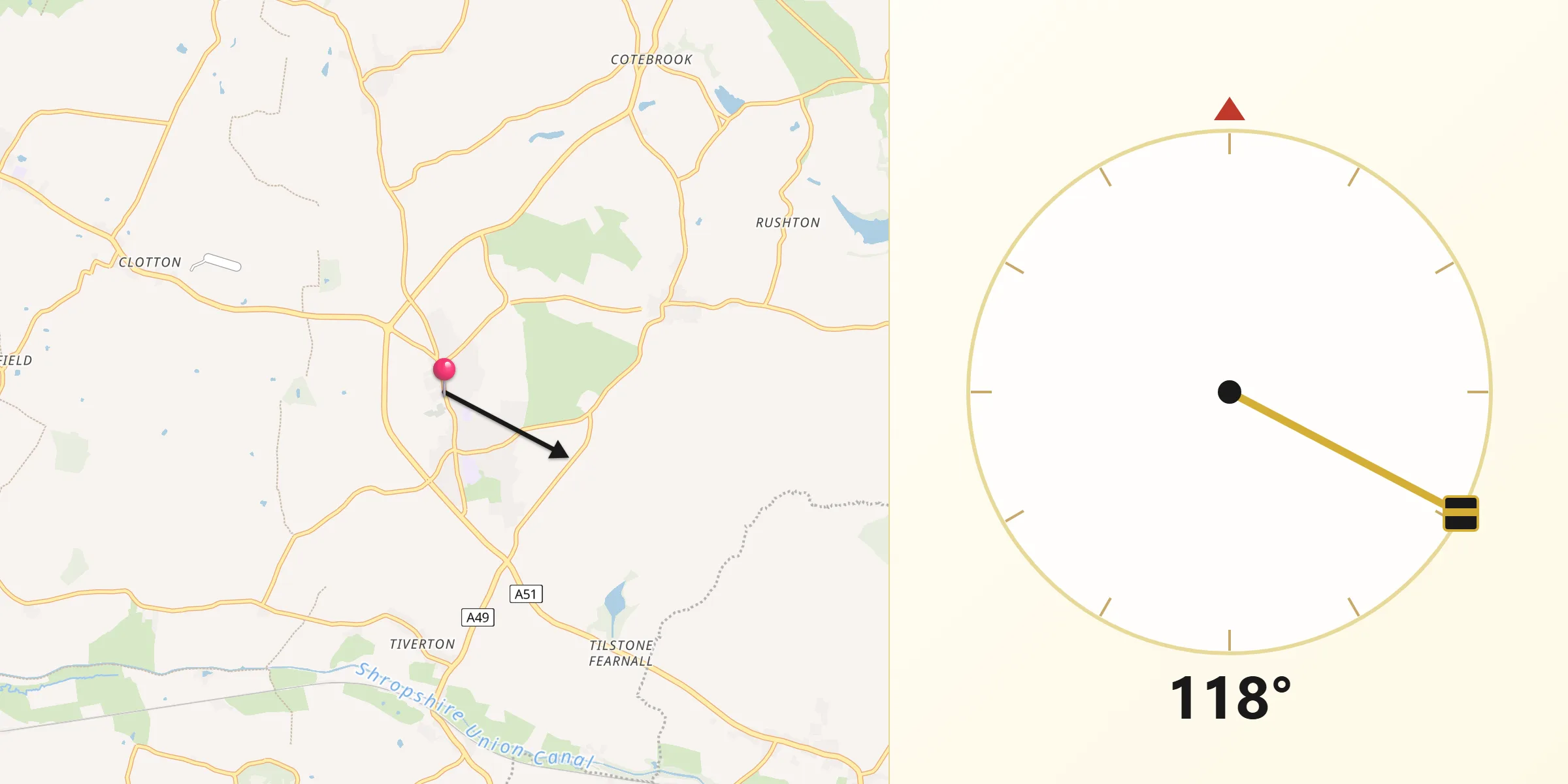 Qibla Direction from Tarporley