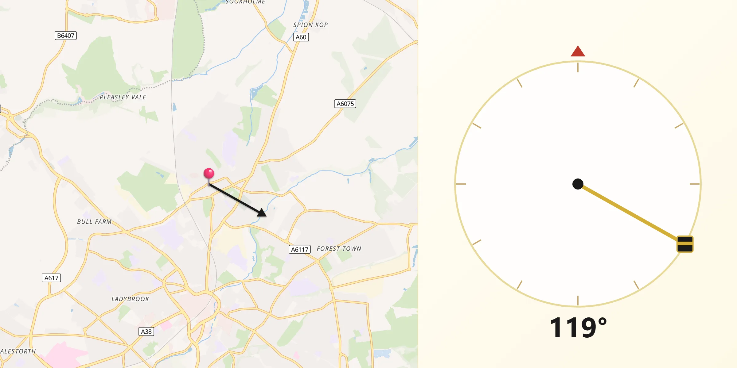 Qibla Direction from Mansfield Woodhouse