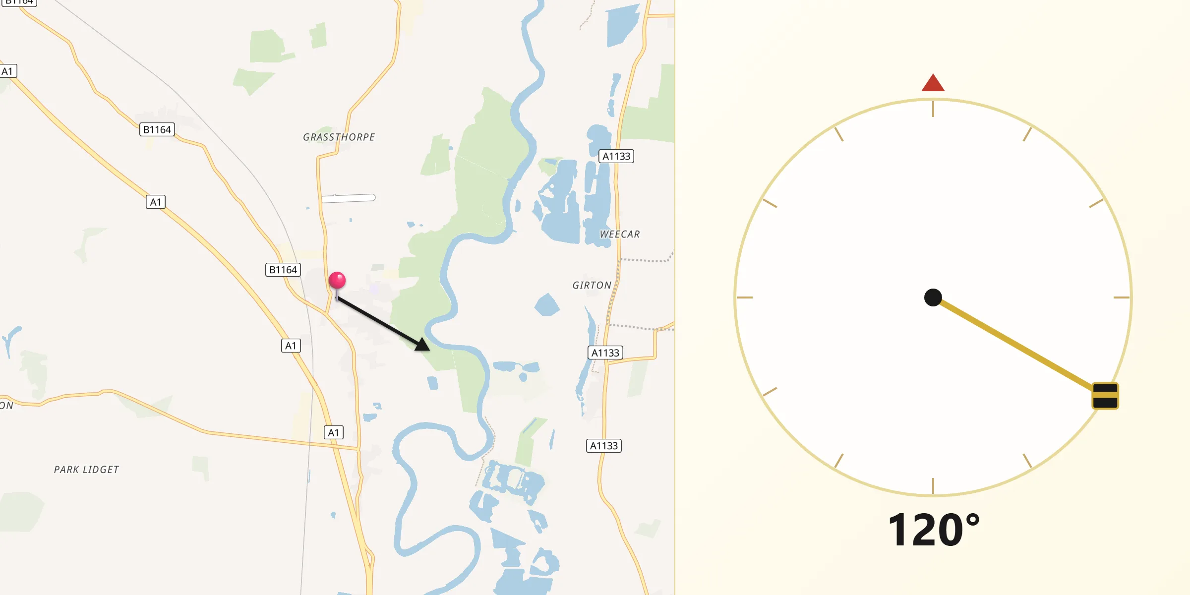 Qibla Direction from Sutton on Trent