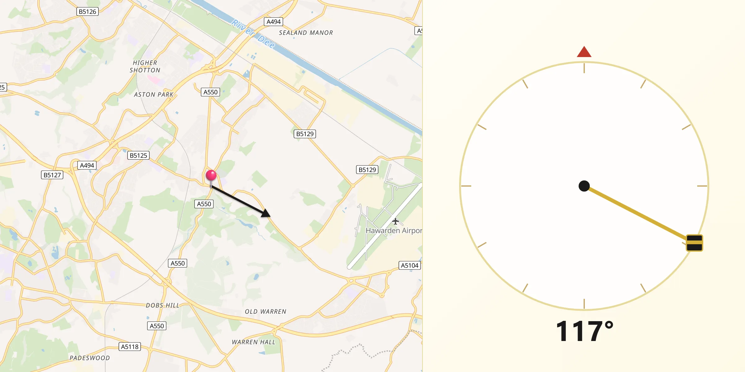 Qibla Direction from Hawarden