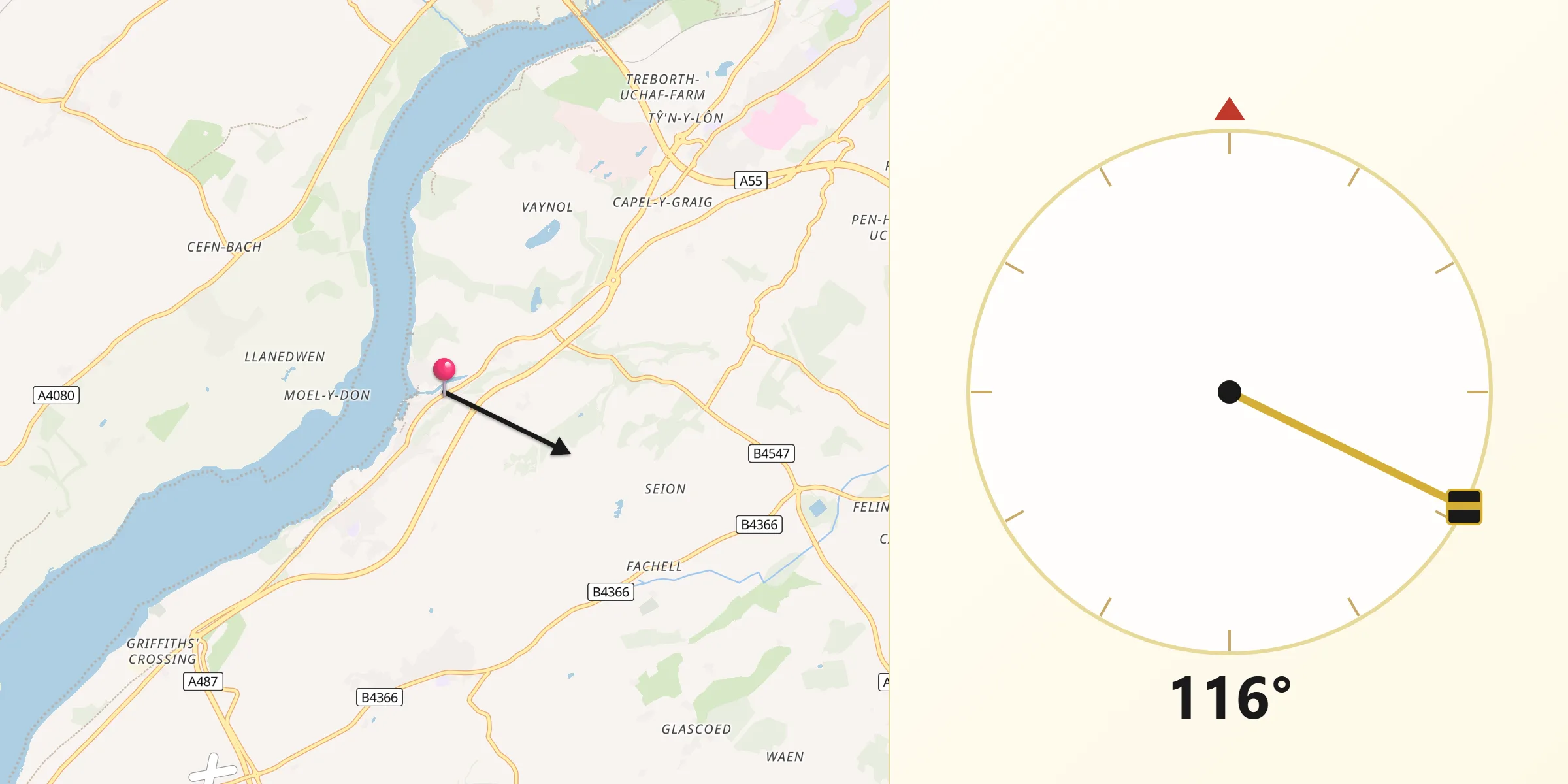 Qibla Direction from Y Felinheli