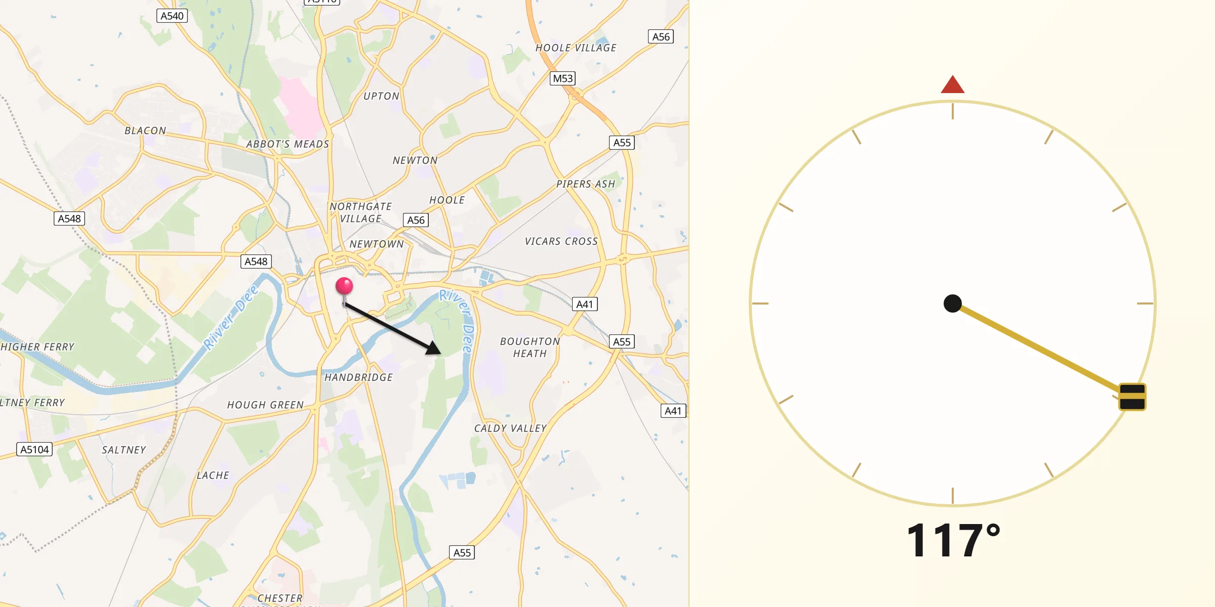 Qibla Direction from Chester