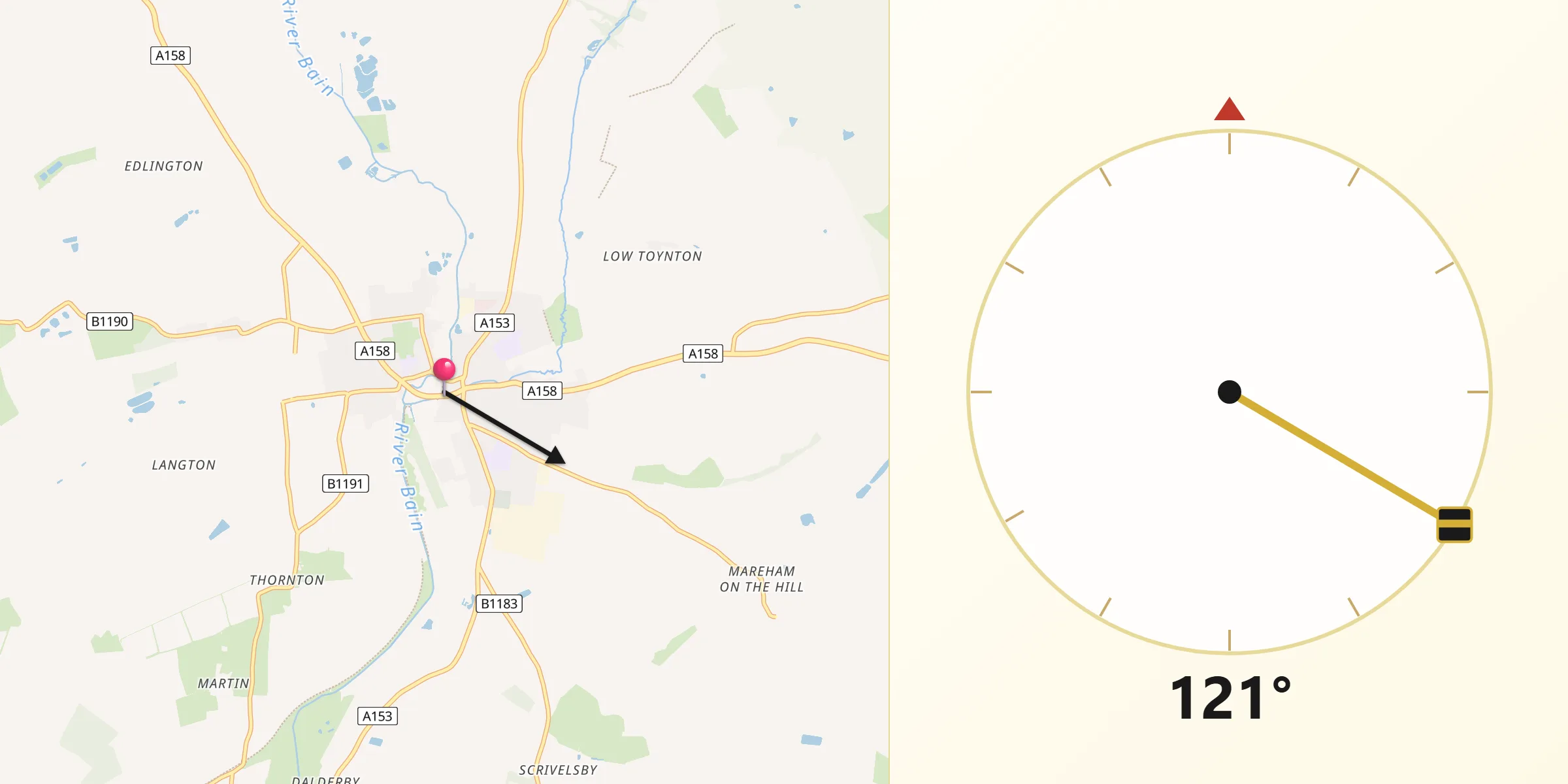 Qibla Direction from Horncastle