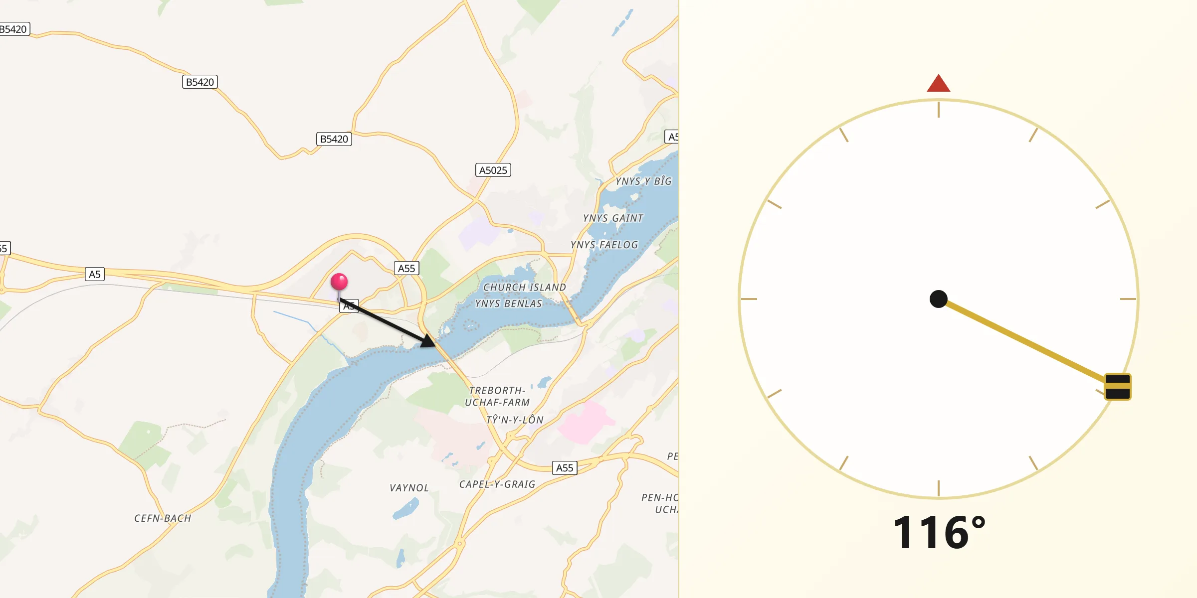 Qibla Direction from Llanfairpwllgwyngyll