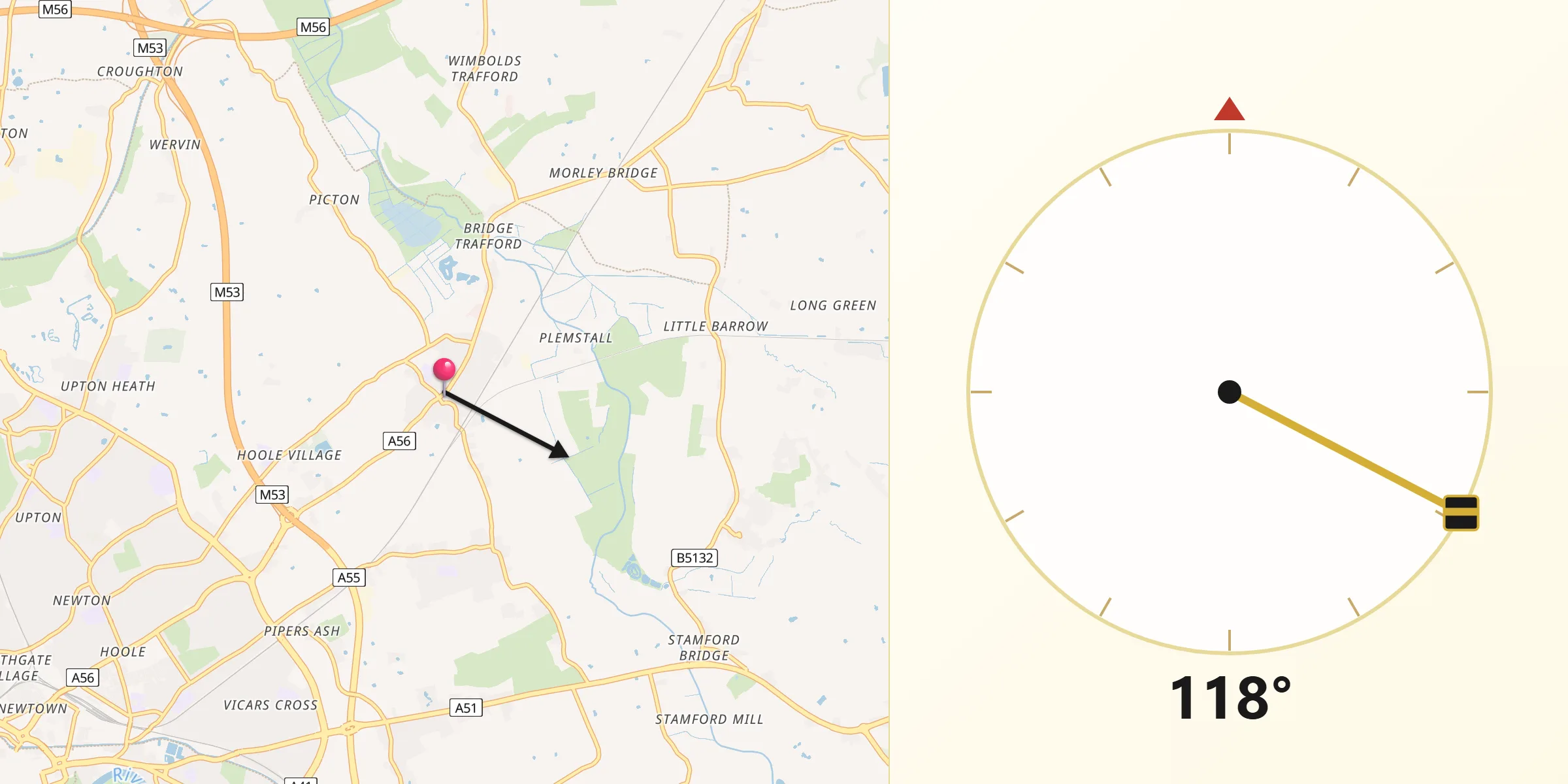 Qibla Direction from Mickle Trafford