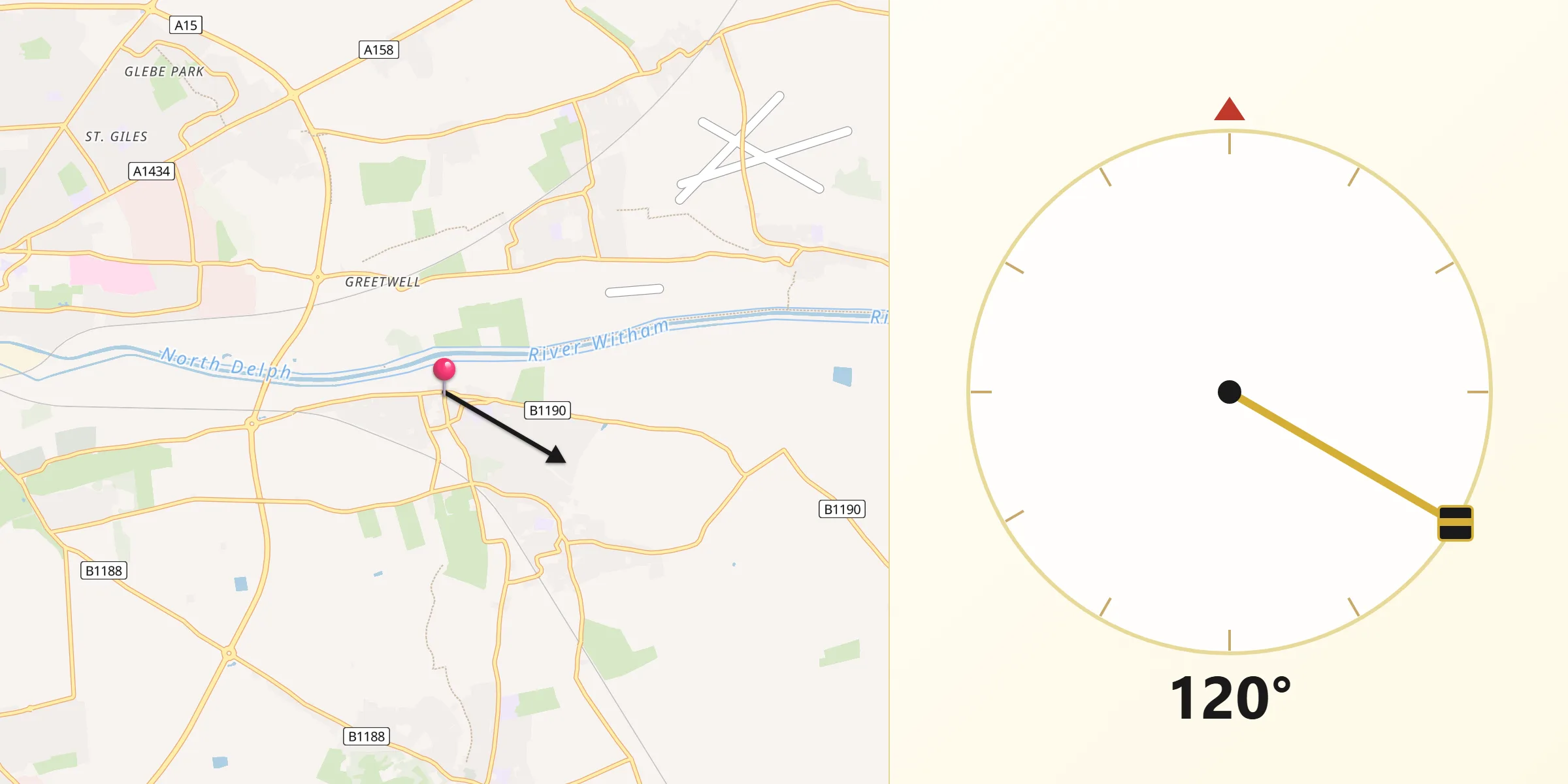 Qibla Direction from Washingborough