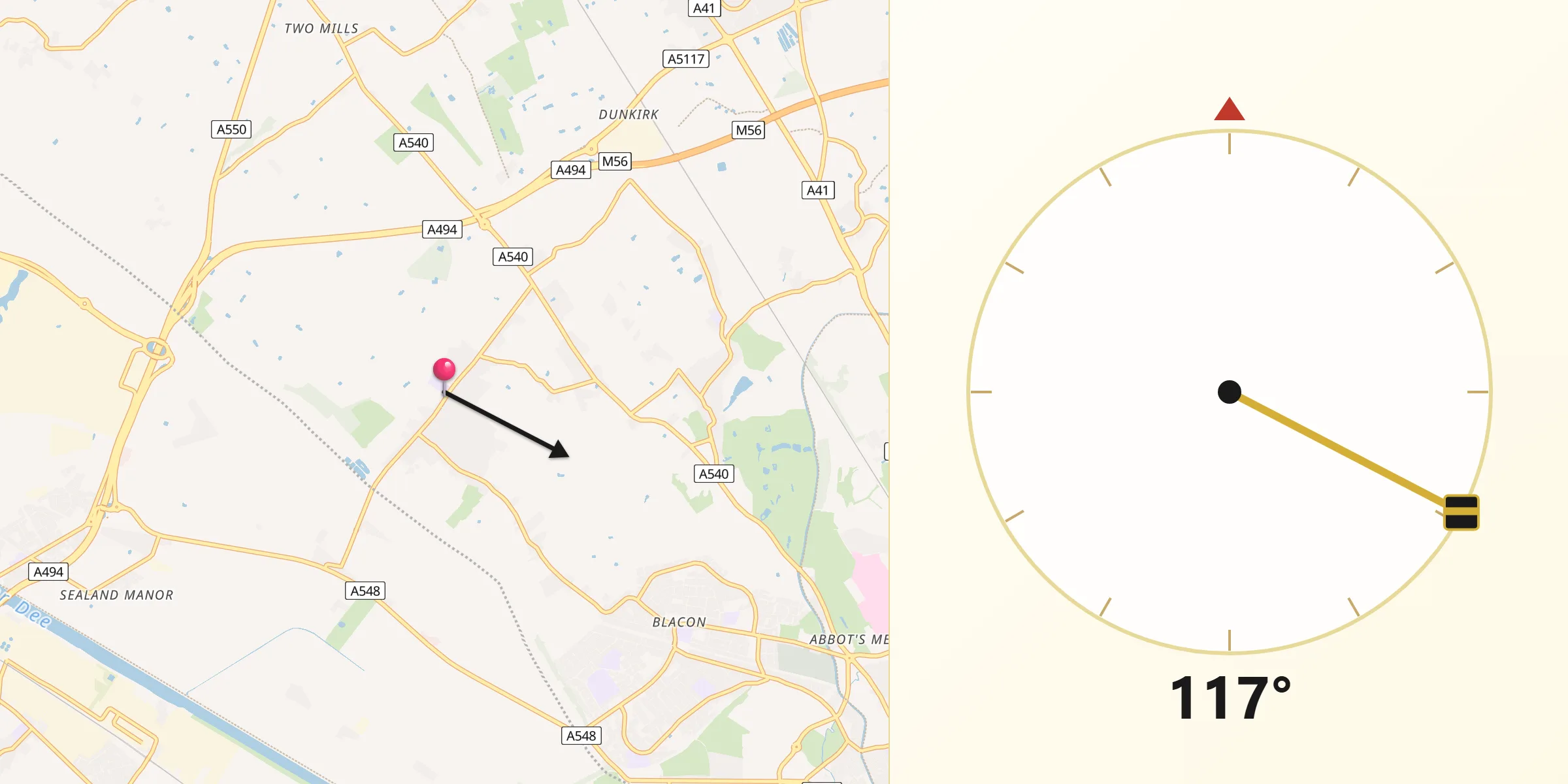 Qibla Direction from Saughall