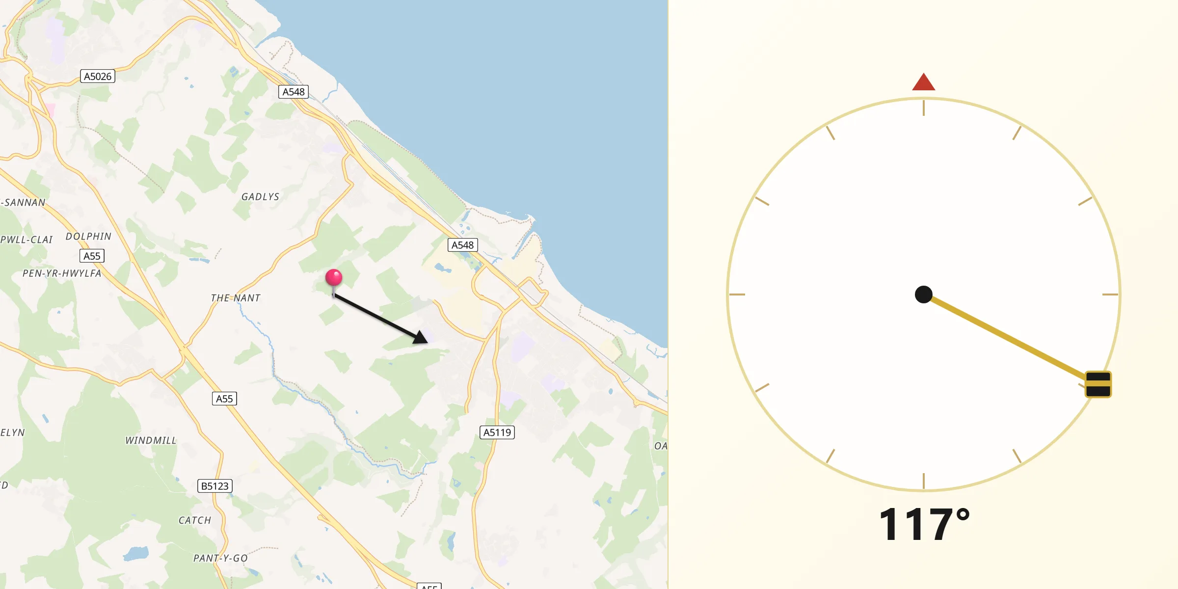 Qibla Direction from County of Flintshire