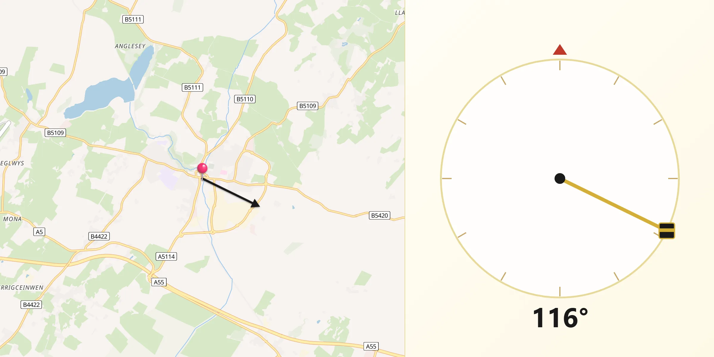 Qibla Direction from Llangefni