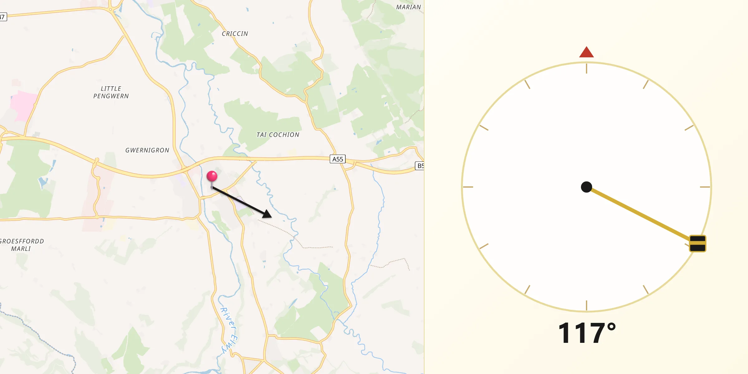 Qibla Direction from Saint Asaph