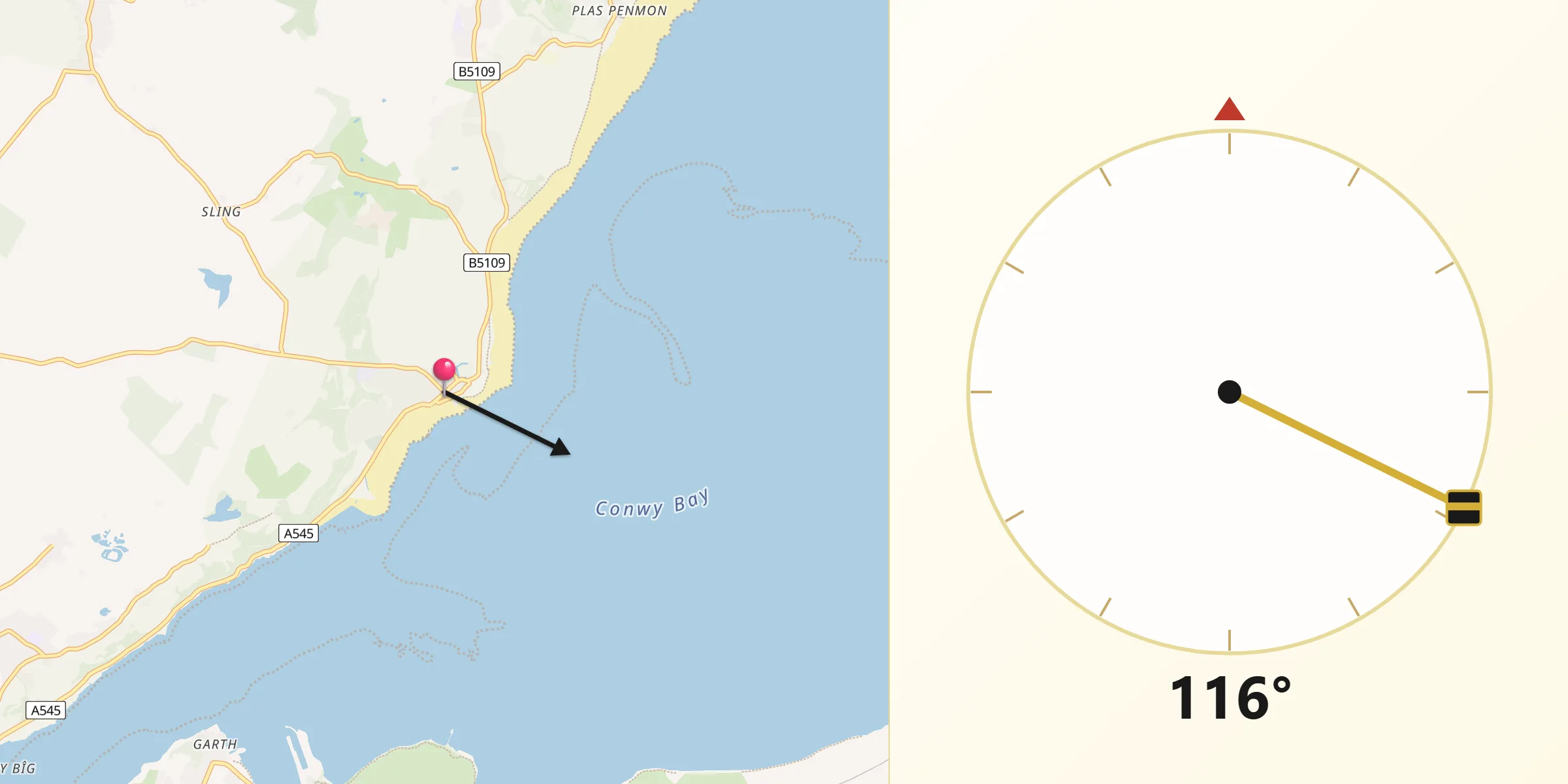 Qibla Direction from Beaumaris