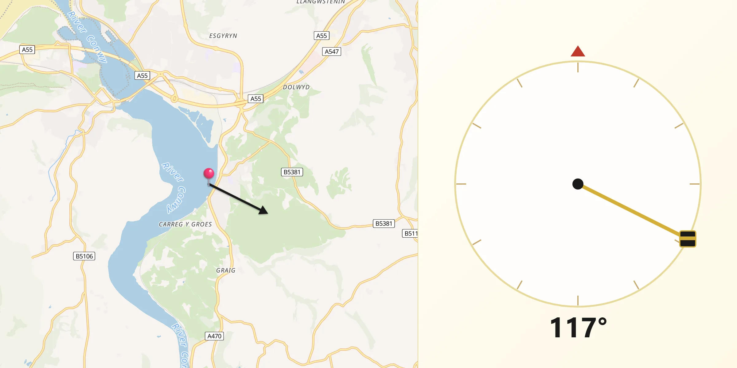 Qibla Direction from Llansantffraid Glan Conwy