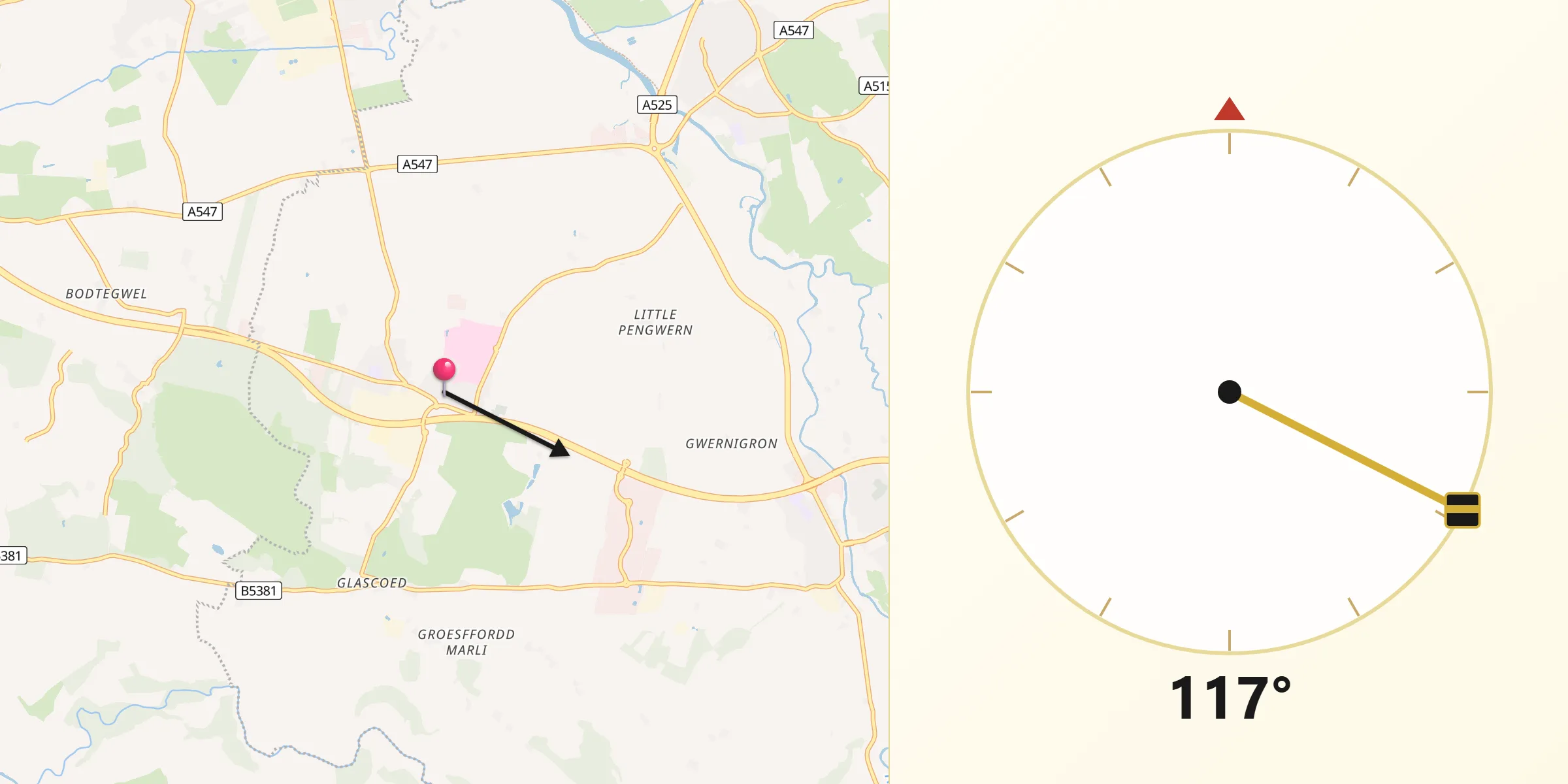 Qibla Direction from Bodelwyddan
