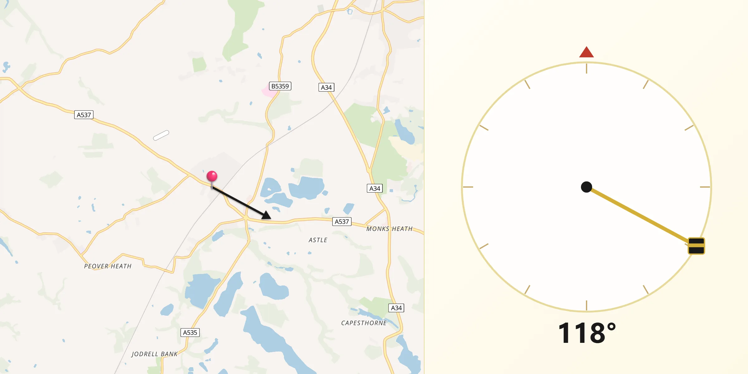 Qibla Direction from Chelford