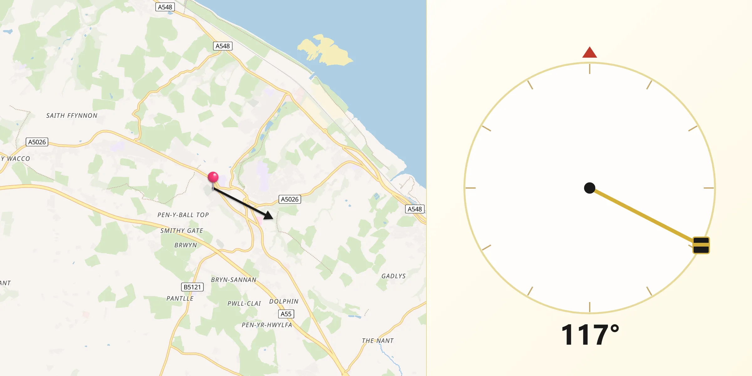Qibla Direction from Holywell