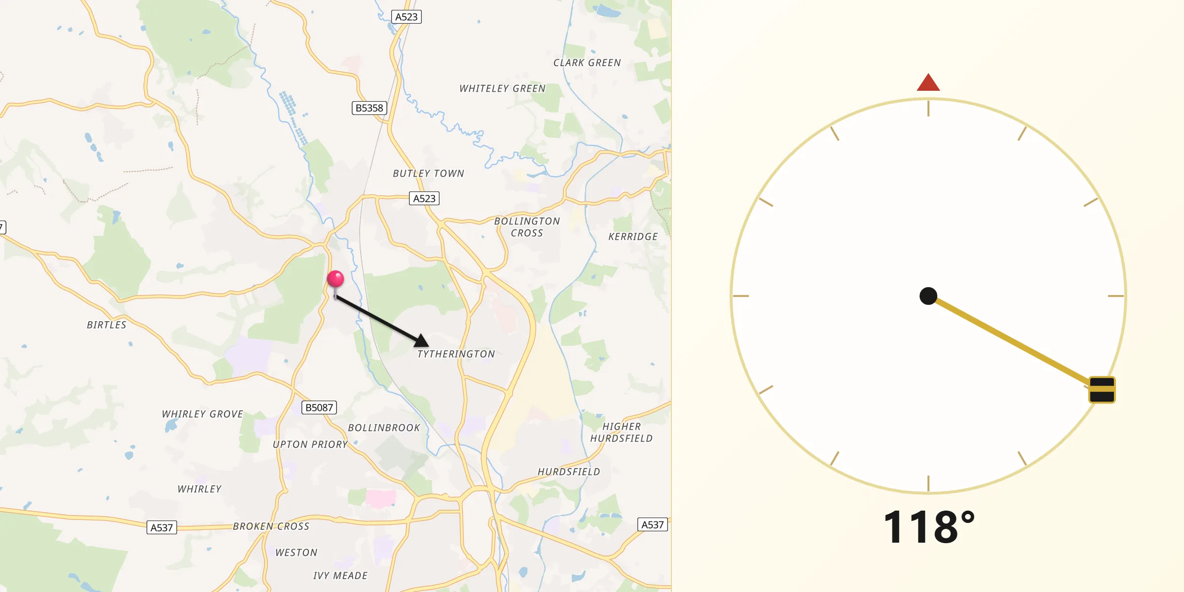 Qibla Direction from Prestbury