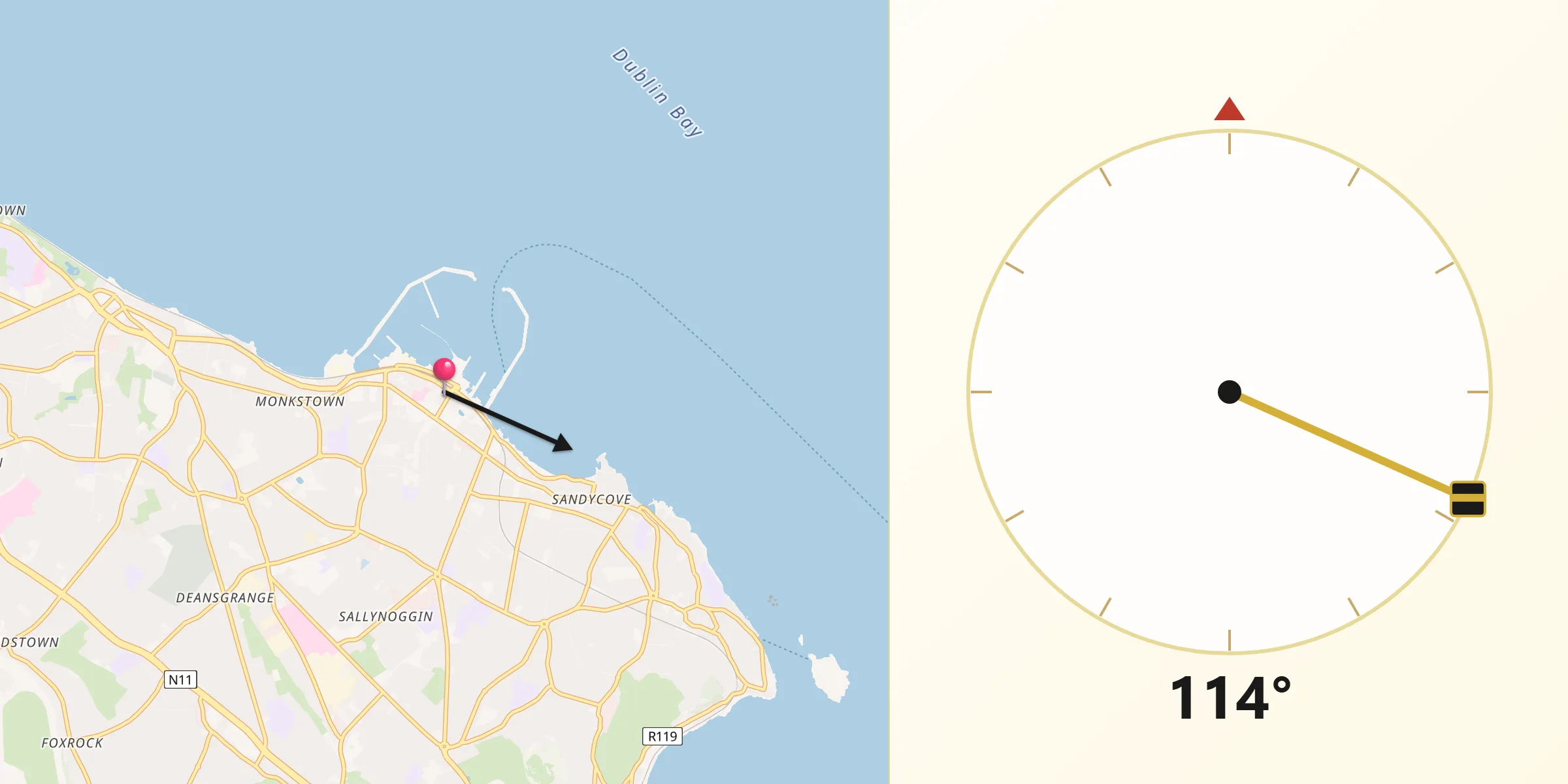 Qibla Direction from Dún Laoghaire-Rathdown