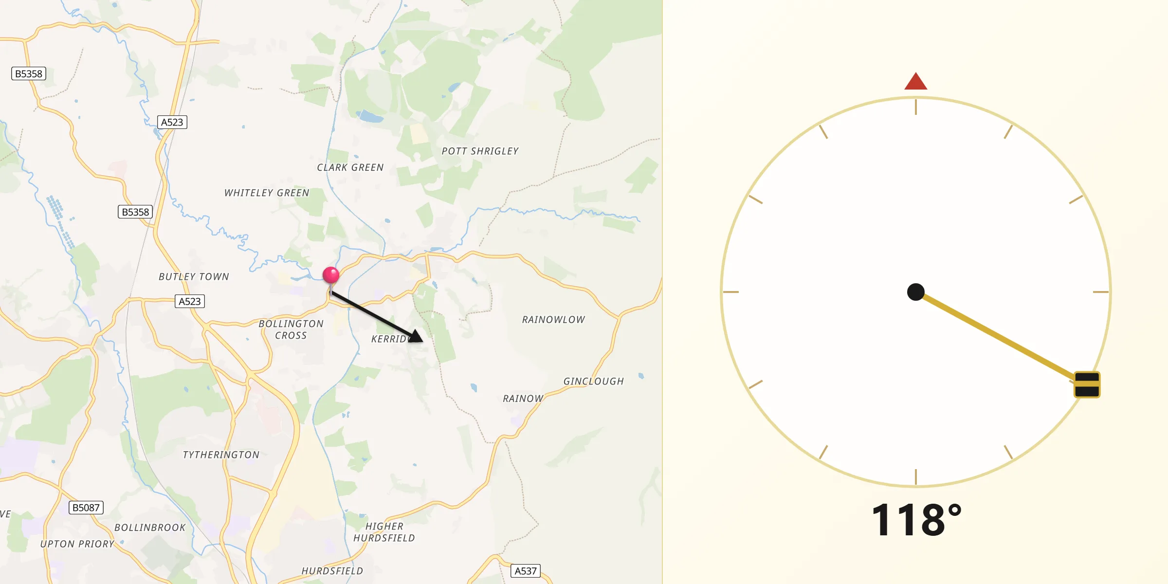 Qibla Direction from Bollington