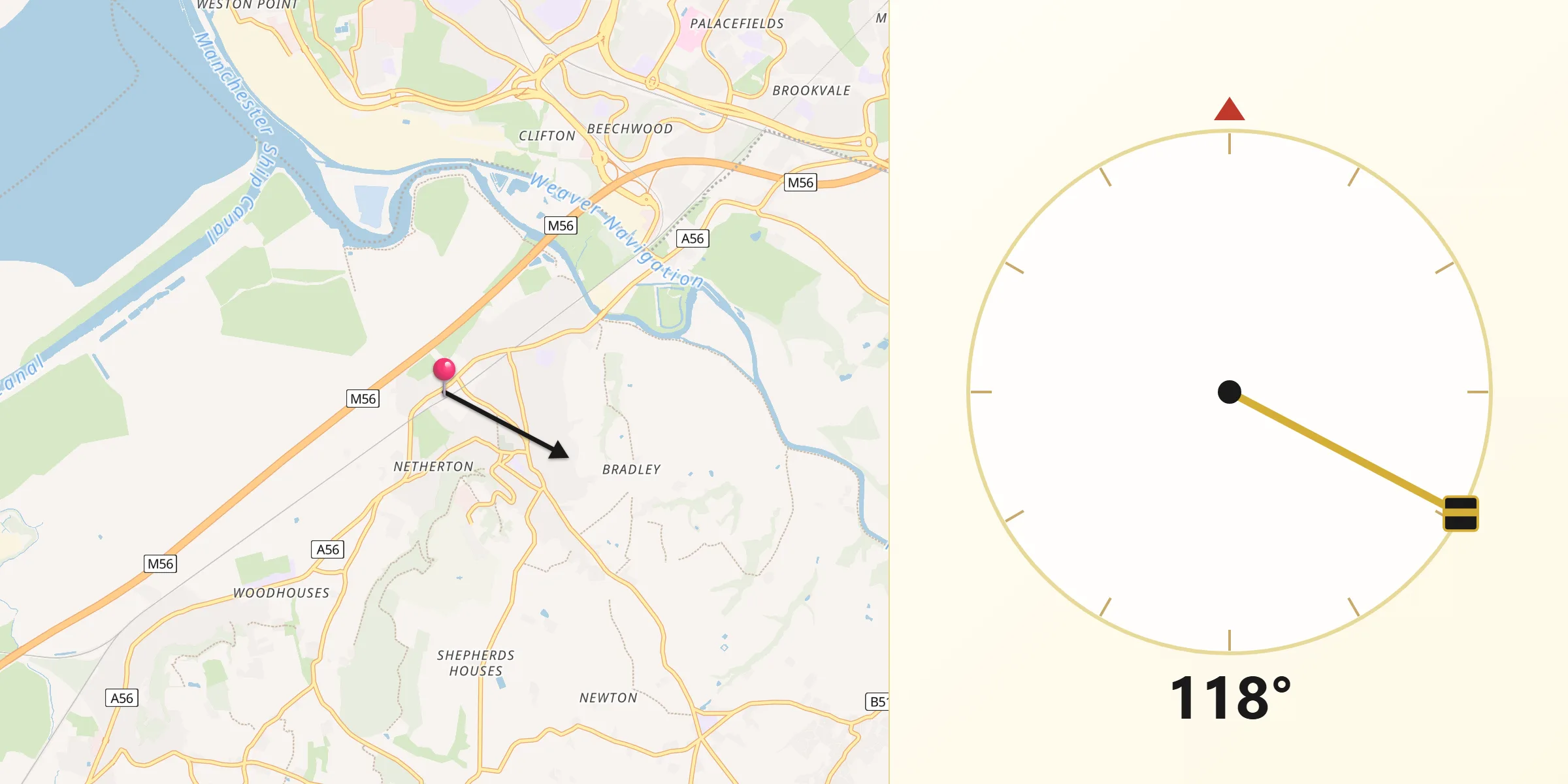 Qibla Direction from Frodsham