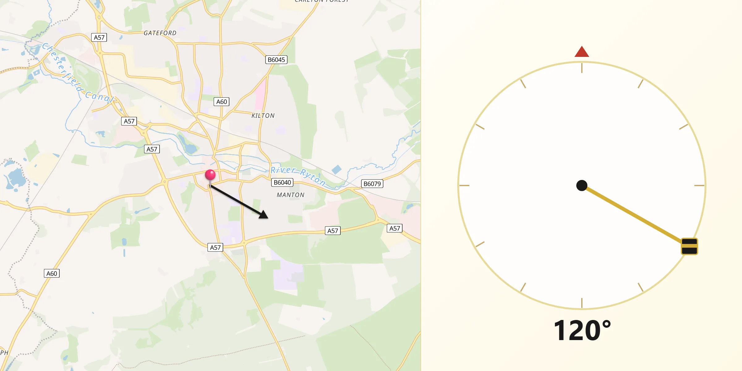 Qibla Direction from Worksop