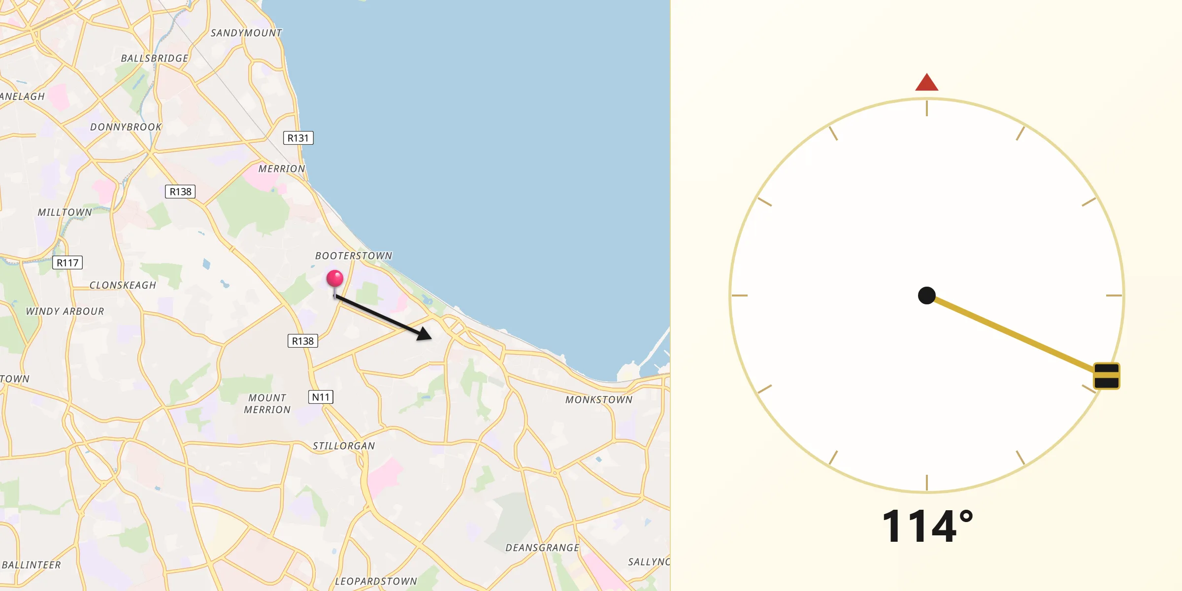 Qibla Direction from Booterstown
