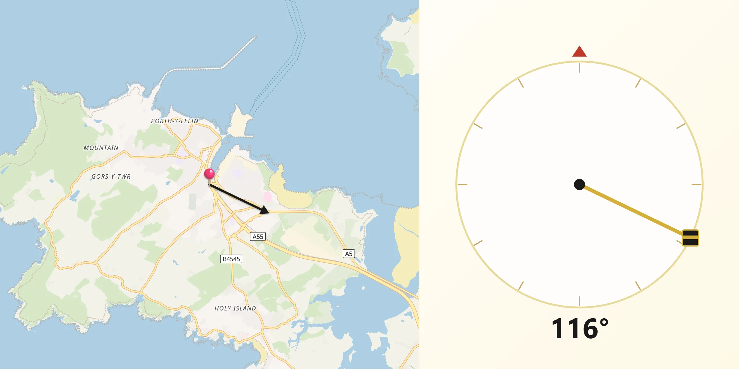 Qibla Direction from Holyhead