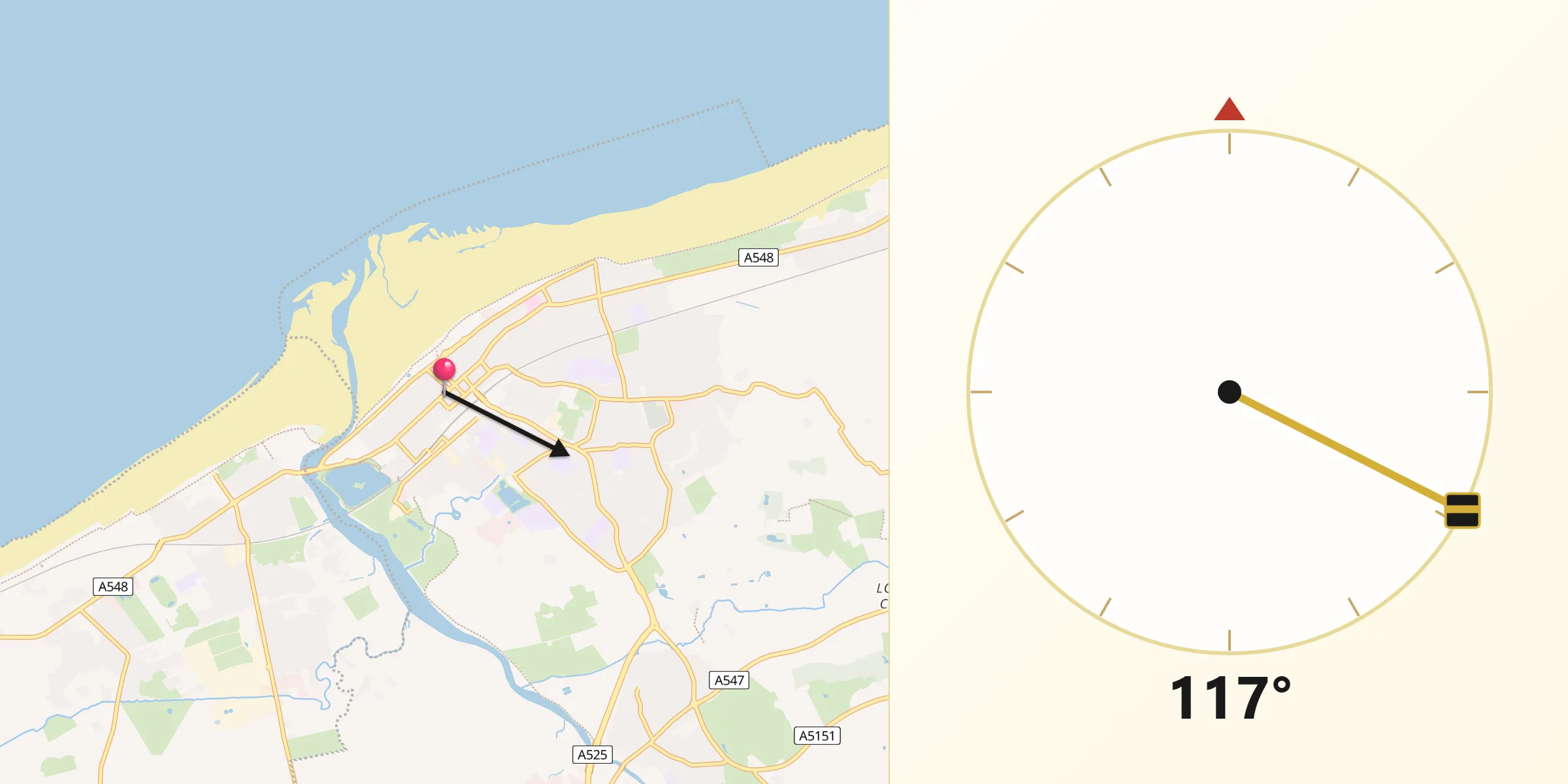 Qibla Direction from Rhyl