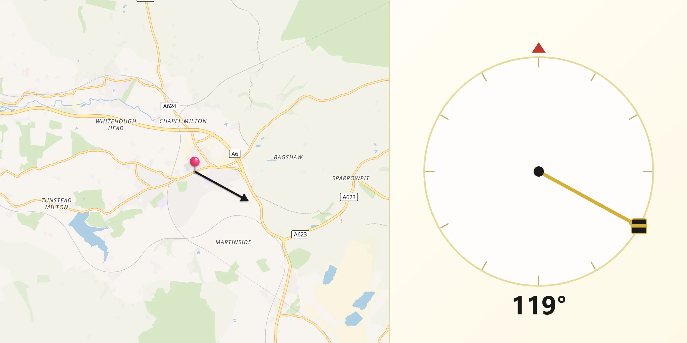 Qibla Direction from Chapel en le Frith