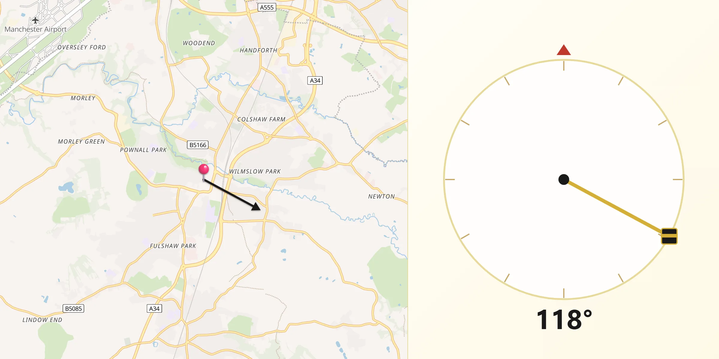Qibla Direction from Wilmslow