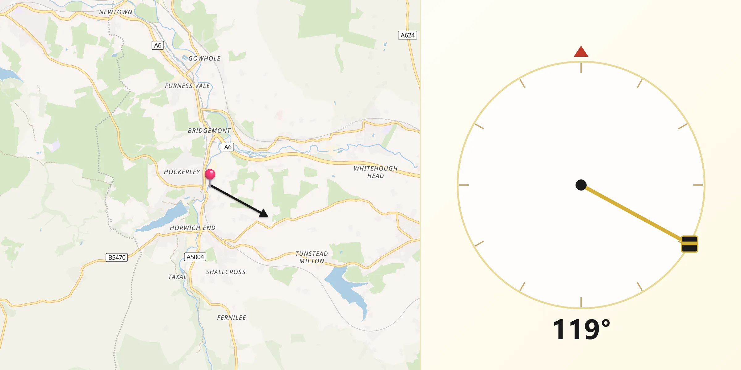 Qibla Direction from Whaley Bridge