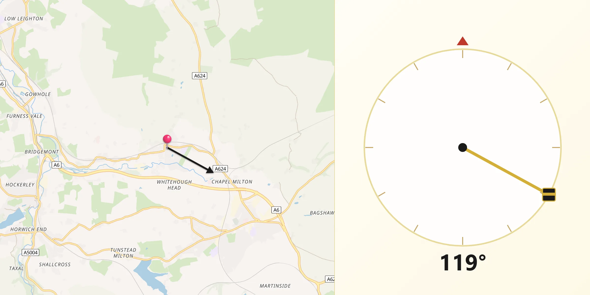 Qibla Direction from Chinley
