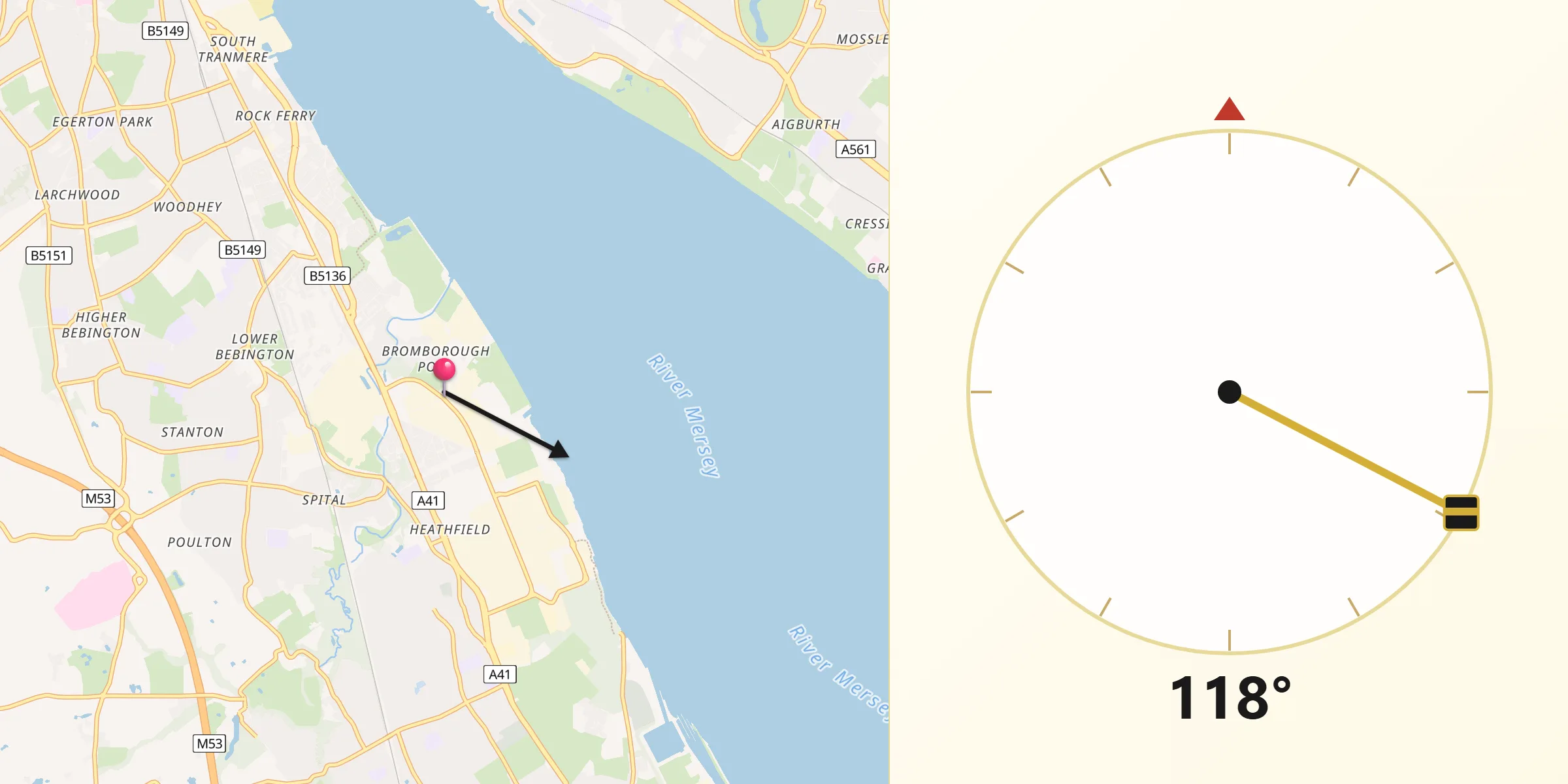Qibla Direction from Bromborough