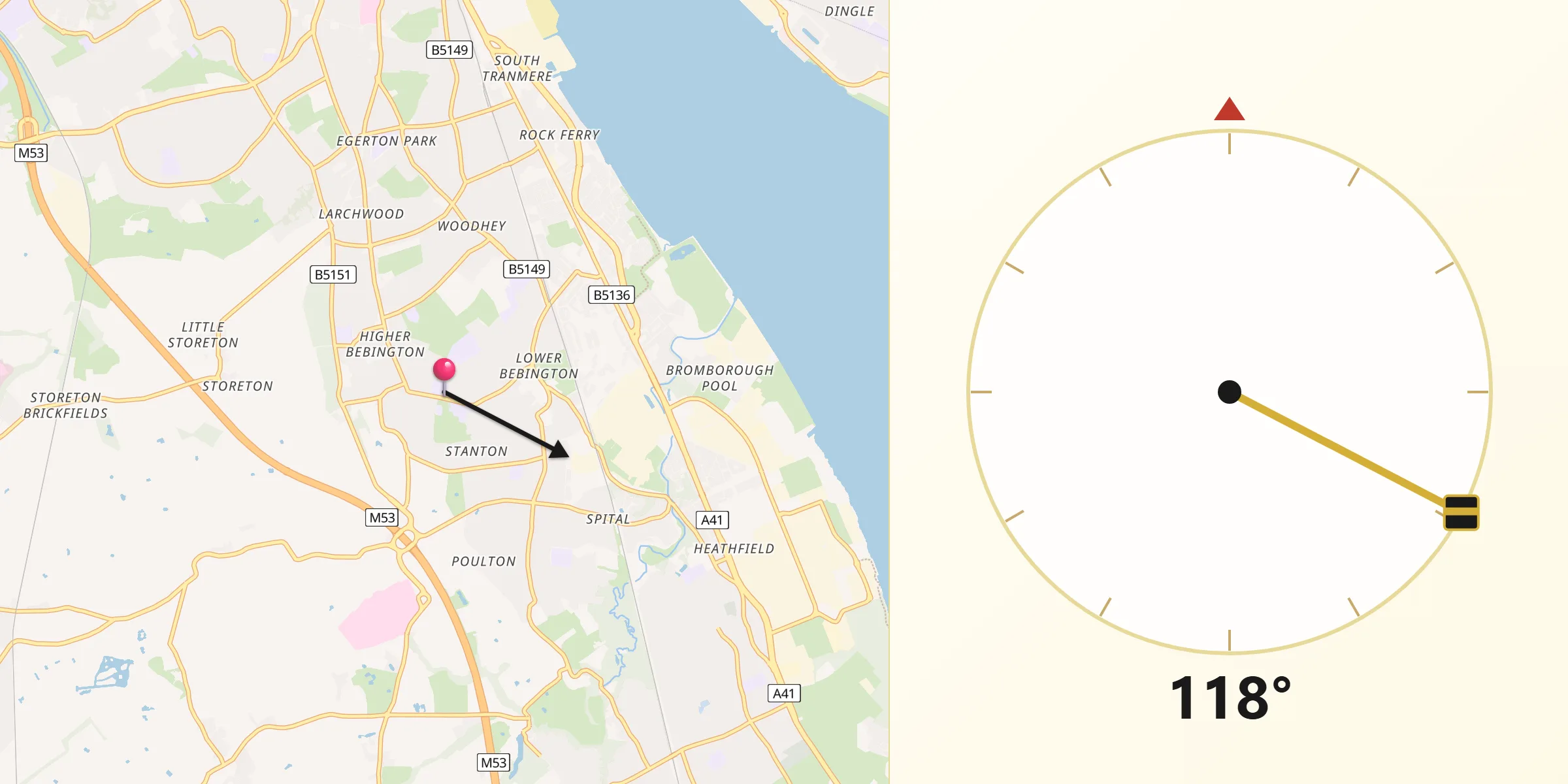 Qibla Direction from Bebington