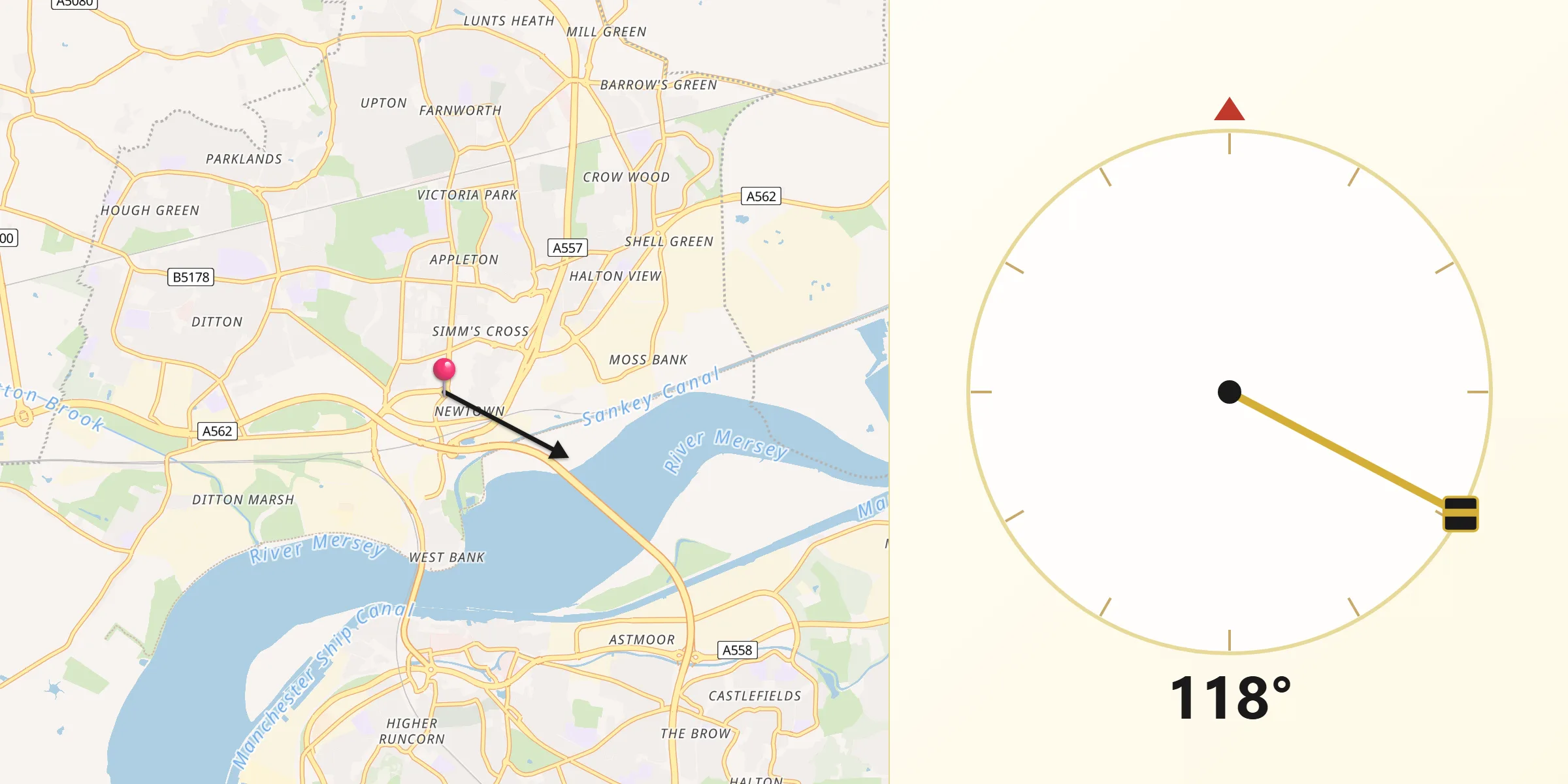 Qibla Direction from Widnes