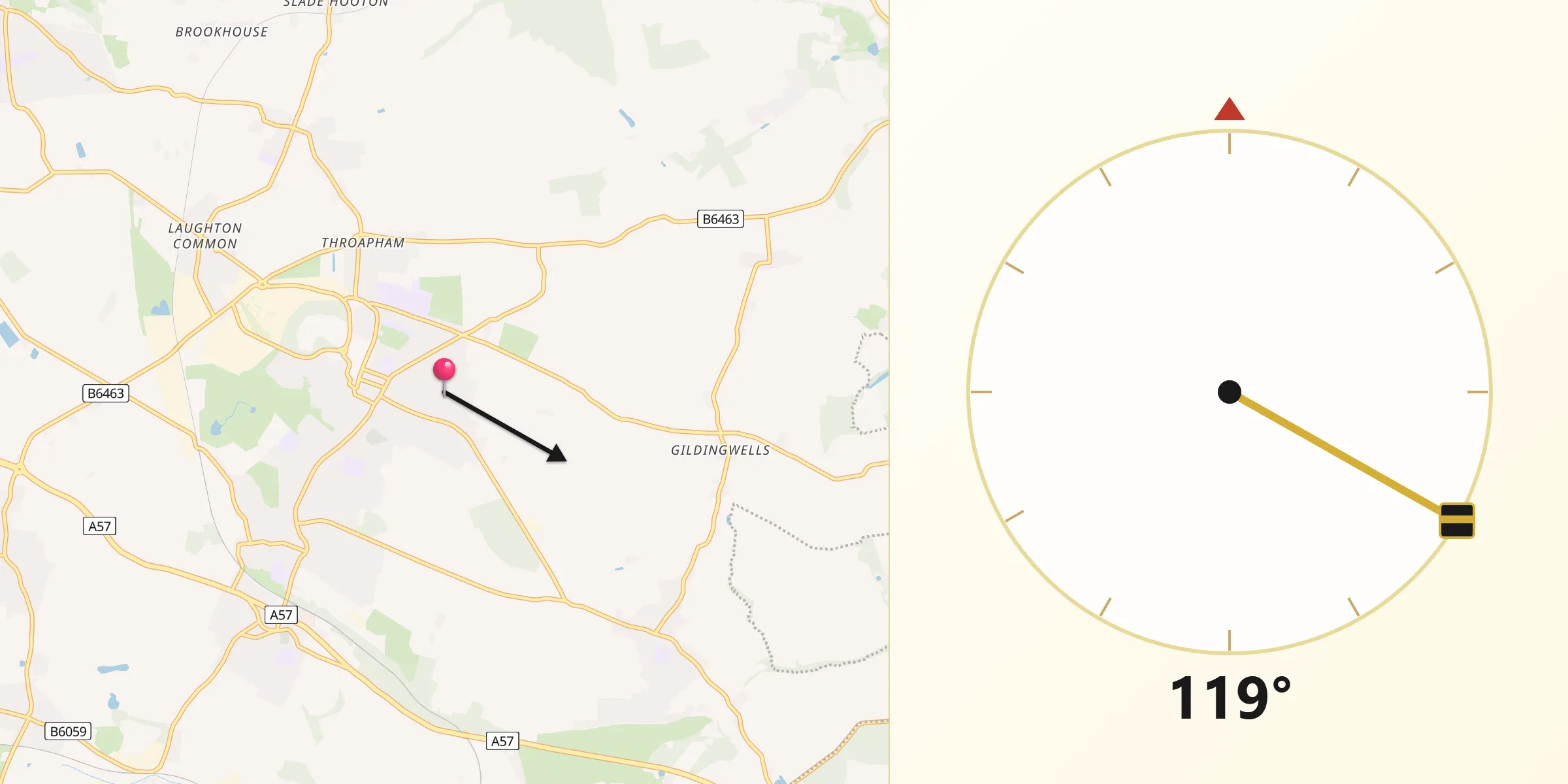 Qibla Direction from Dinnington