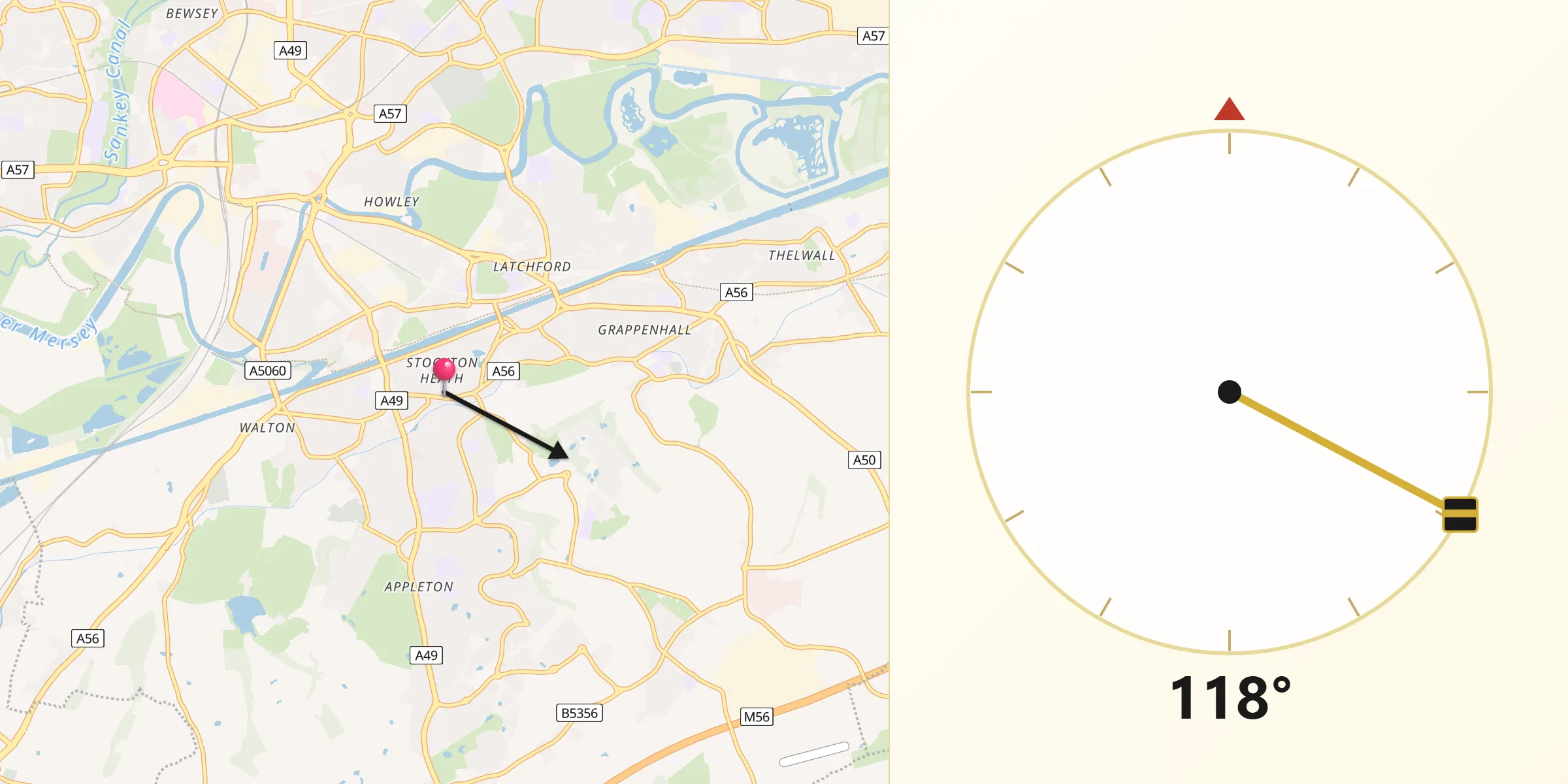 Qibla Direction from Stockton Heath