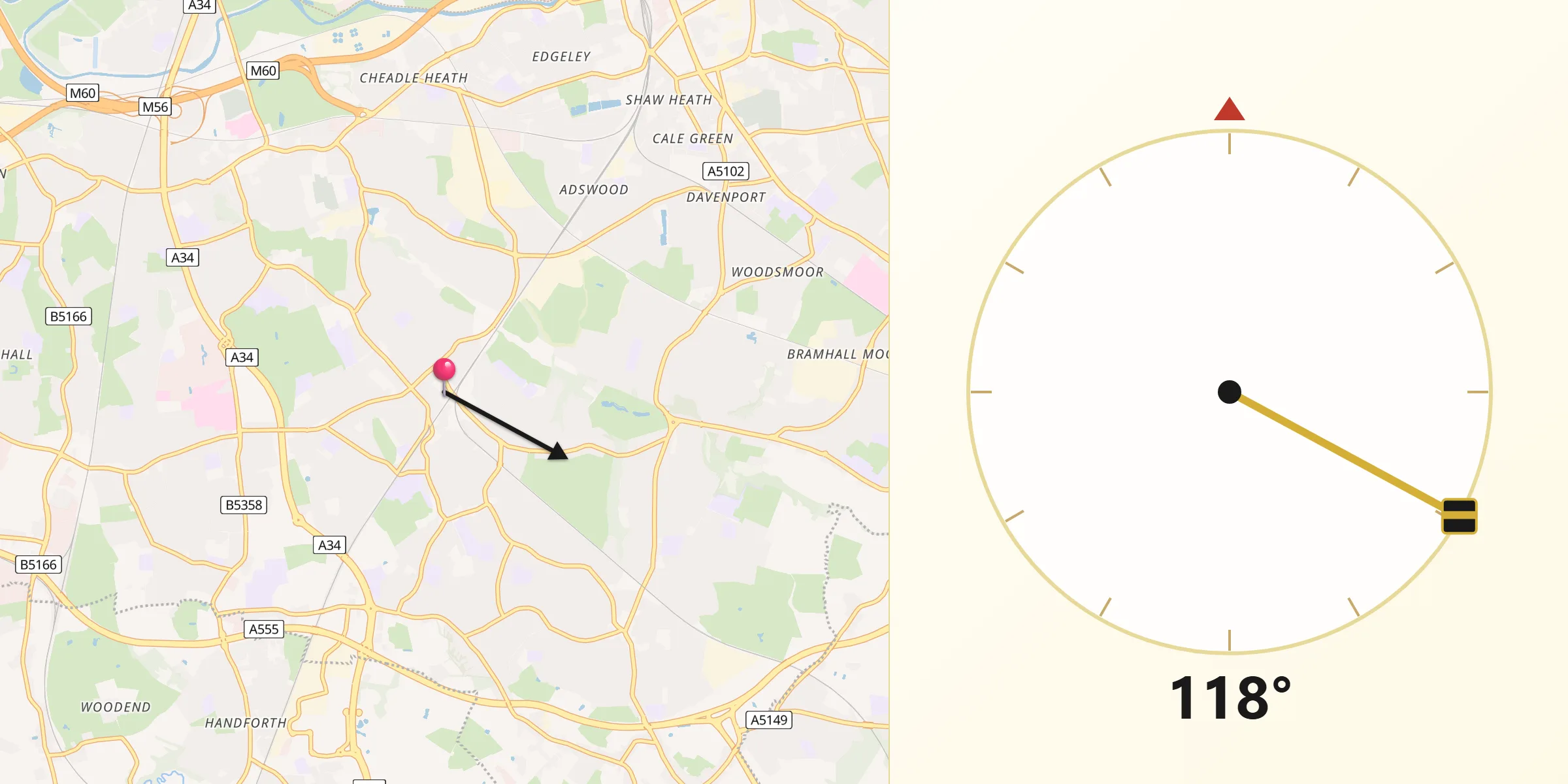 Qibla Direction from Cheadle Hulme